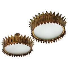 Pair of French Gilt Metal Sunburst Crown Ceiling Light Fixtures or Pendants