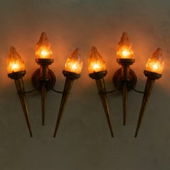 Pair of French Gilt Metal Torch Sconces with Glass Shades No. 01, 1960s