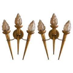 Pair of French Gilt Metal Torch Sconces with Glass Shades No. 01, 1960s