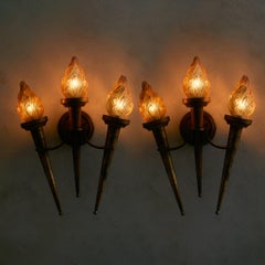 Pair of French Gilt Metal Torch Sconces with Glass Shades No. 02, 1960s