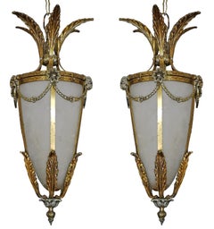 Pair of French Gilt Palm Tree Hollywood Recency Frosted Glass Lantern Chandelier