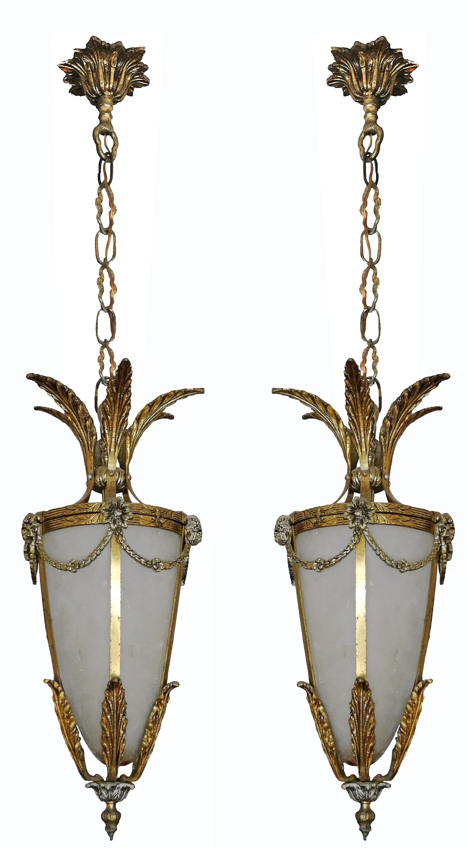 Art Deco Pair of French Gilt Palm Tree Hollywood Recency Frosted Glass Lantern Chandelier