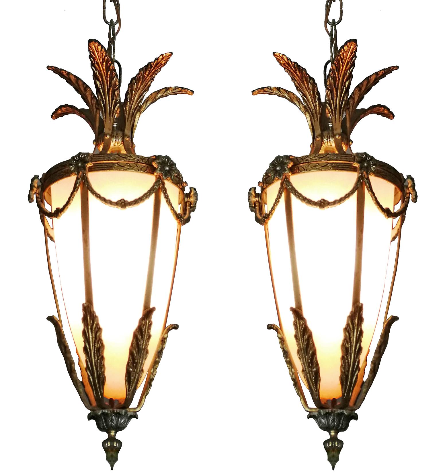 Cast Pair of French Gilt Palm Tree Hollywood Recency Frosted Glass Lantern Chandelier