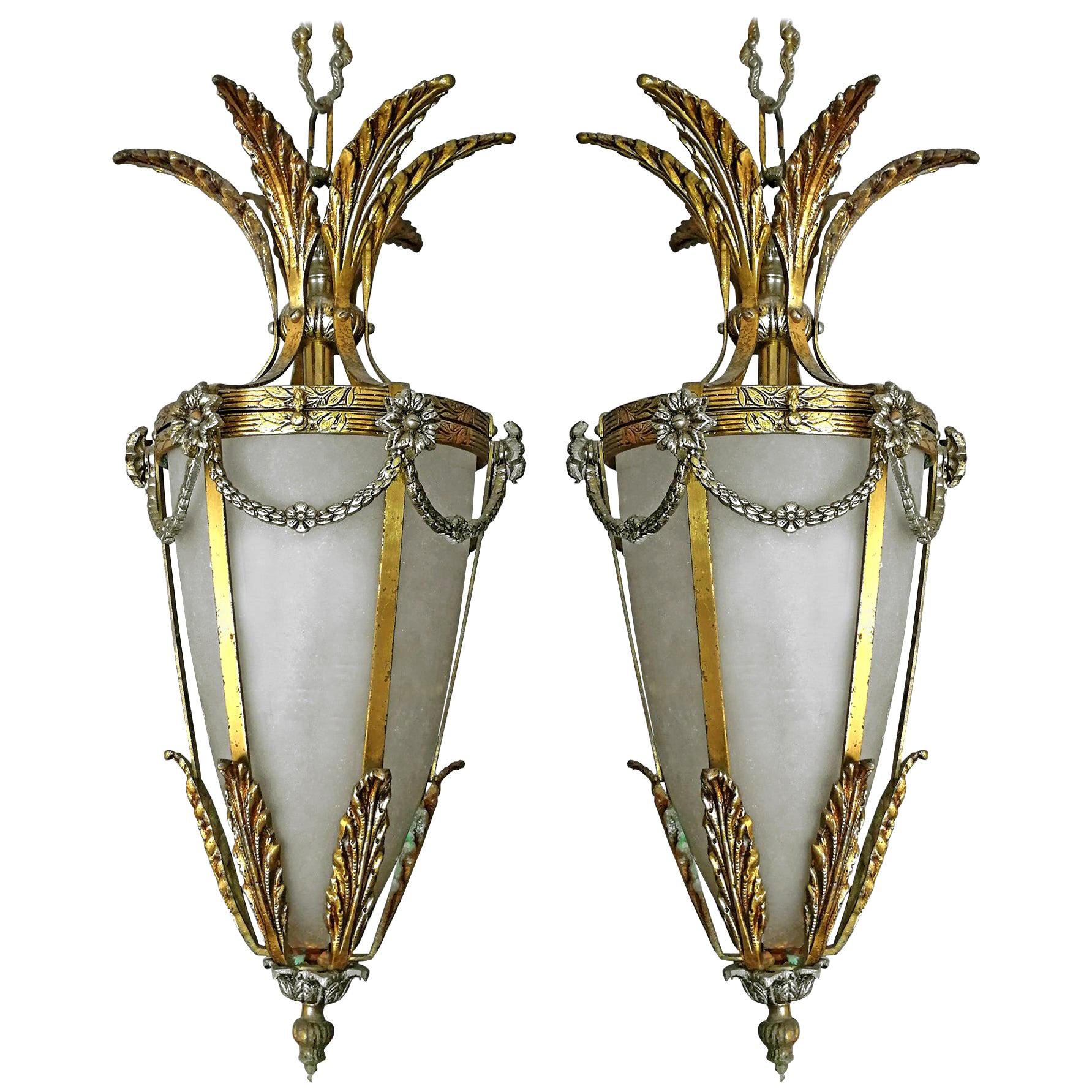 Pair of French Gilt Palm Tree Hollywood Recency Frosted Glass Lantern Chandelier