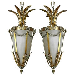 Pair of French Gilt Palm Tree Hollywood Recency Frosted Glass Lantern Chandelier