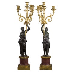 Pair of French Gilt, Patinated Bronze and Marble Figural Candelabra, circa 1860