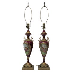 Antique Pair of French Gilt Porcelain & Brass Table Lamps