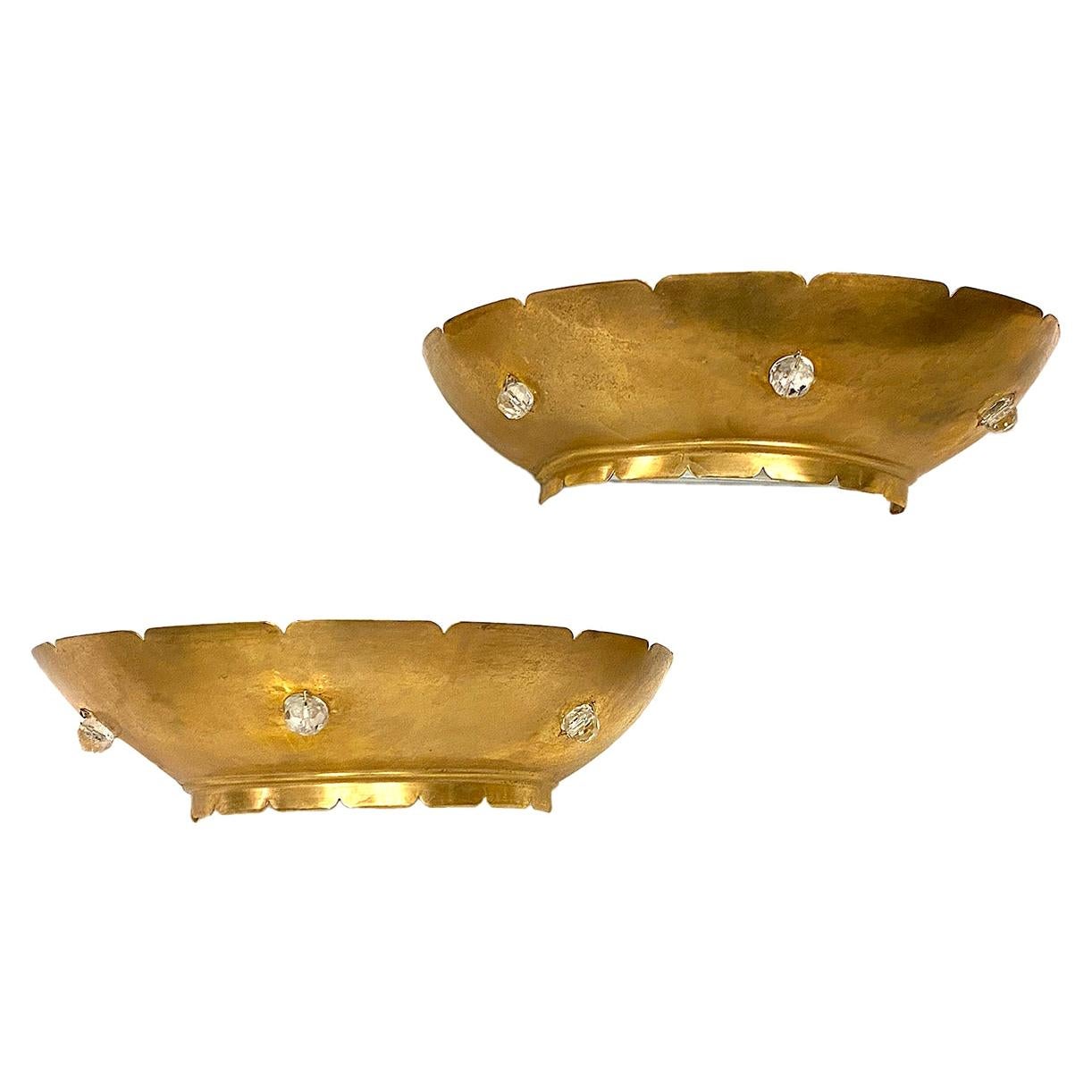 Pair of French Gilt Sconces with Crystals For Sale