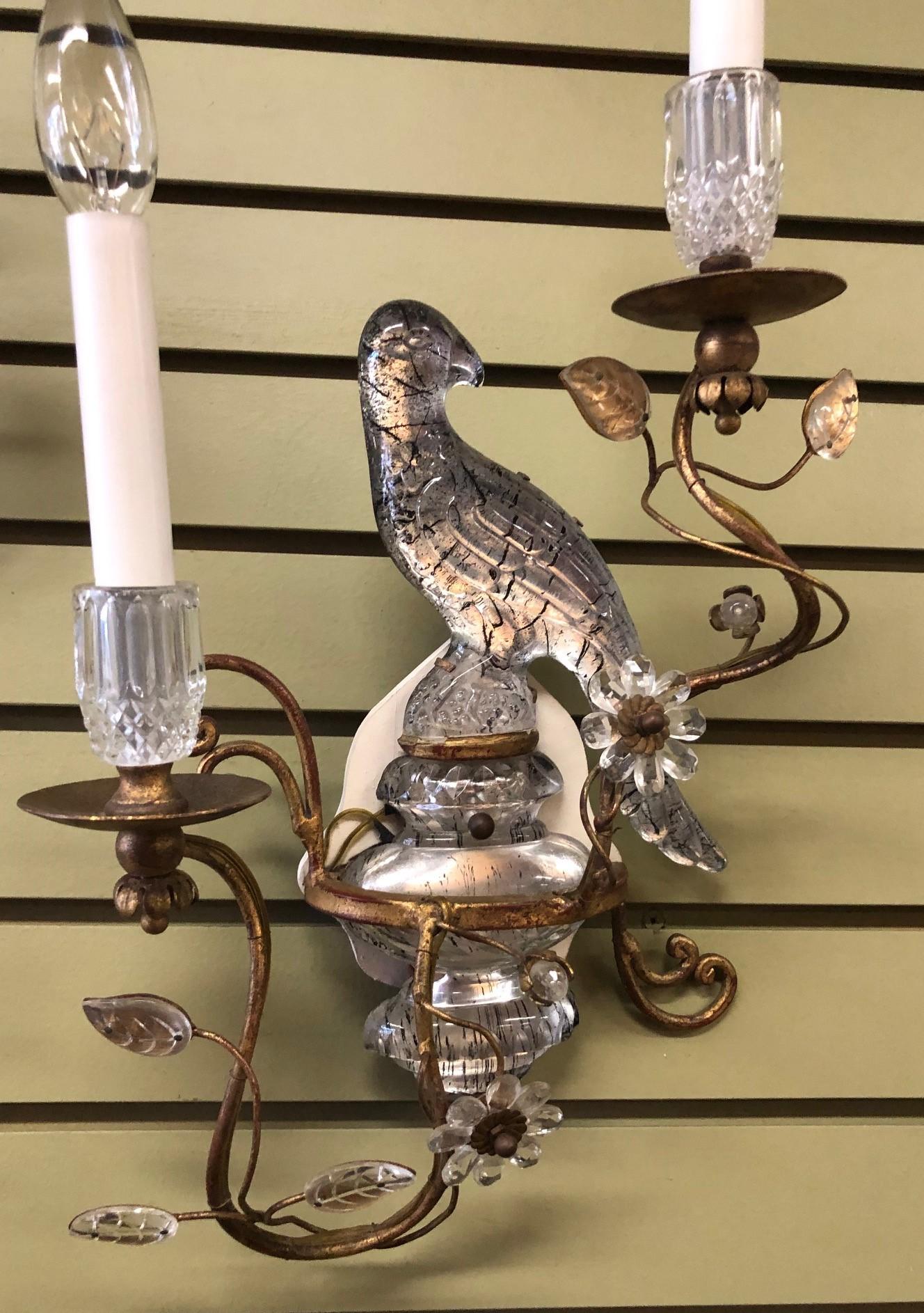 Hollywood Regency Pair of French Gilt Sconces with Parrots in the Manner of Maison Bagues