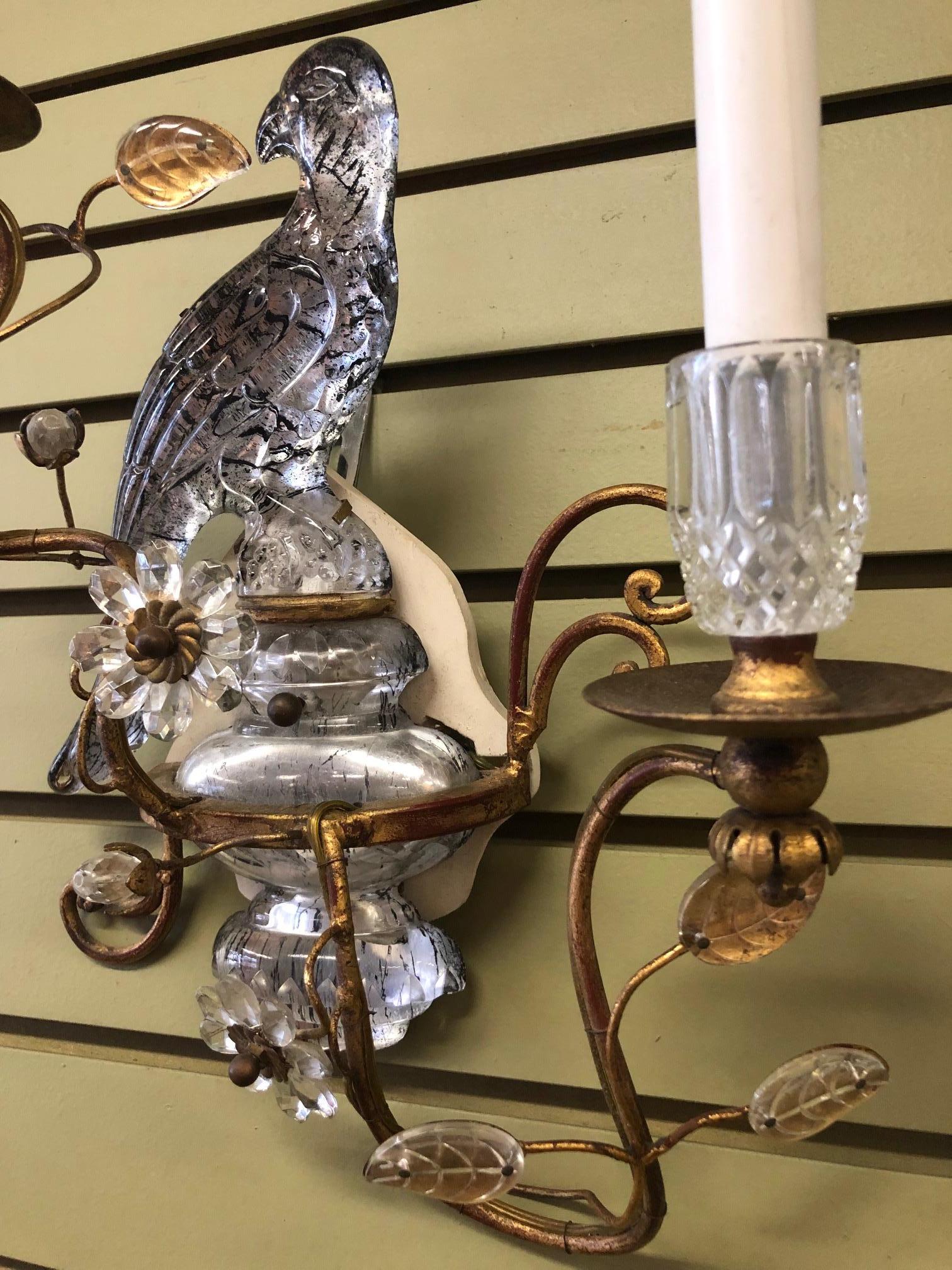 Pair of French Gilt Sconces with Parrots in the Manner of Maison Bagues 2