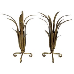 Pair of French Gilt Tole Cattail Vases or Candle Holders