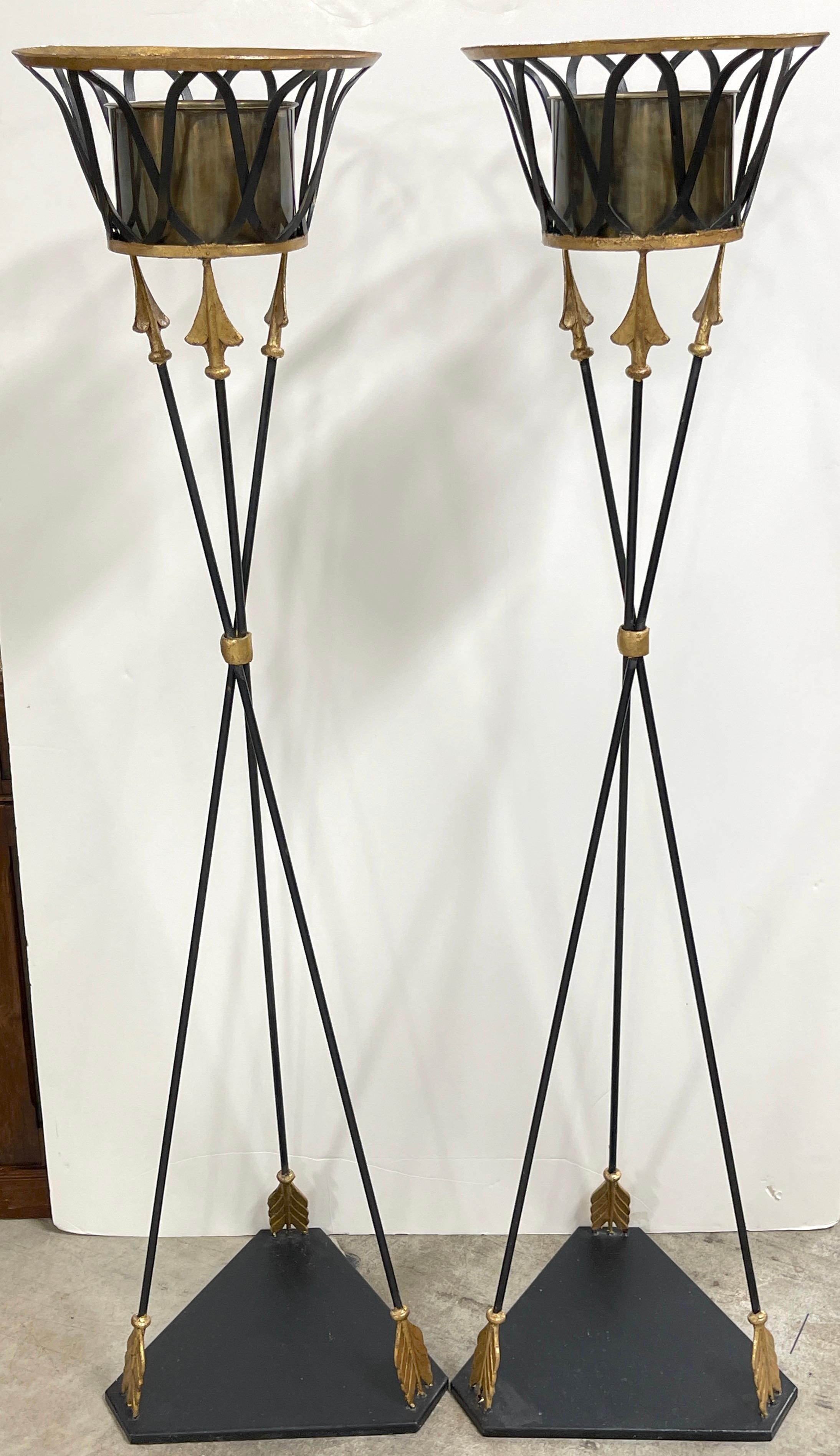 Blackened Pair of French Gilt Tole Neoclassical Torchere Jardinière / Plant Stands