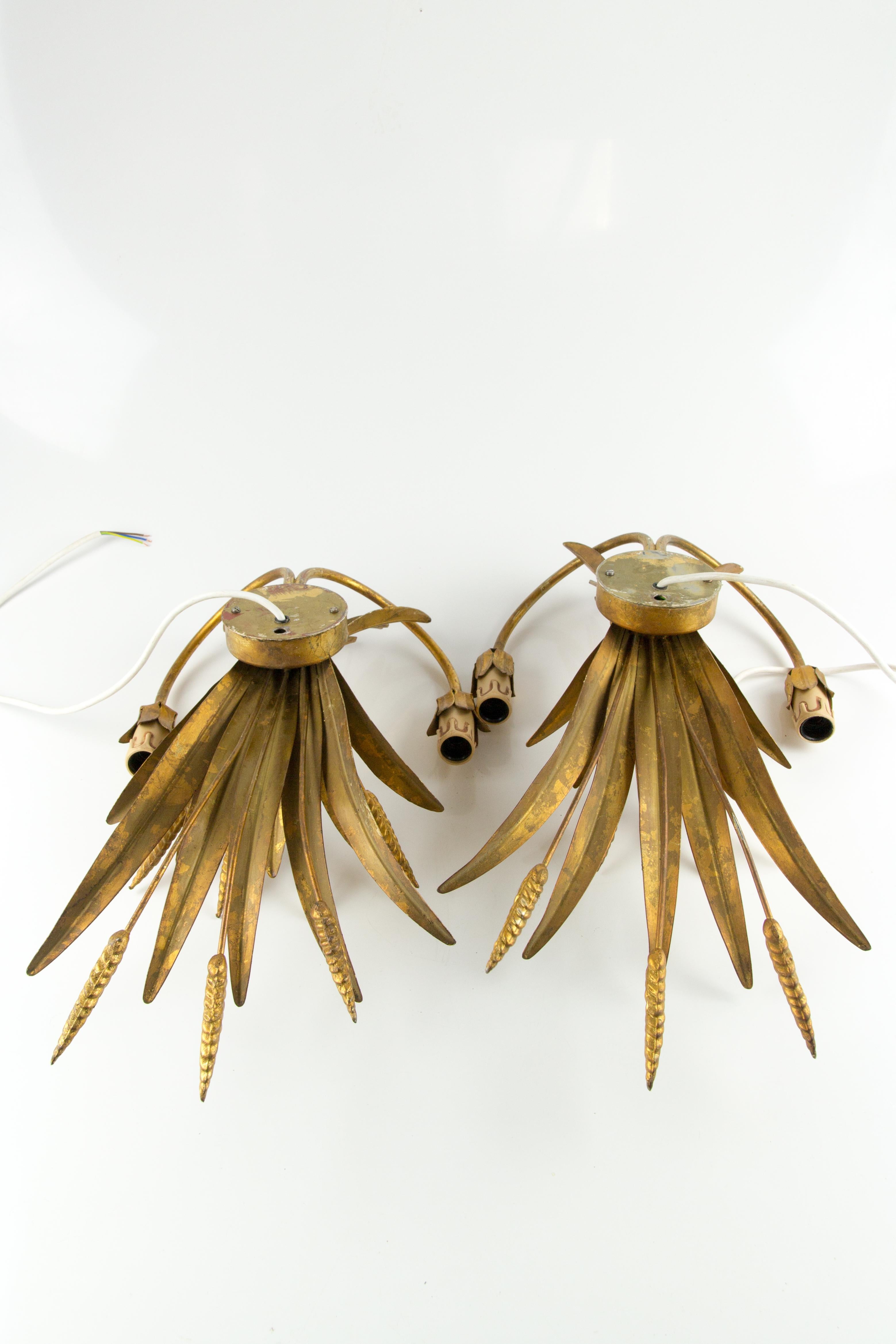 Pair of French Gilt Toleware Wheat Leaf Wall Sconces, 1950s 8