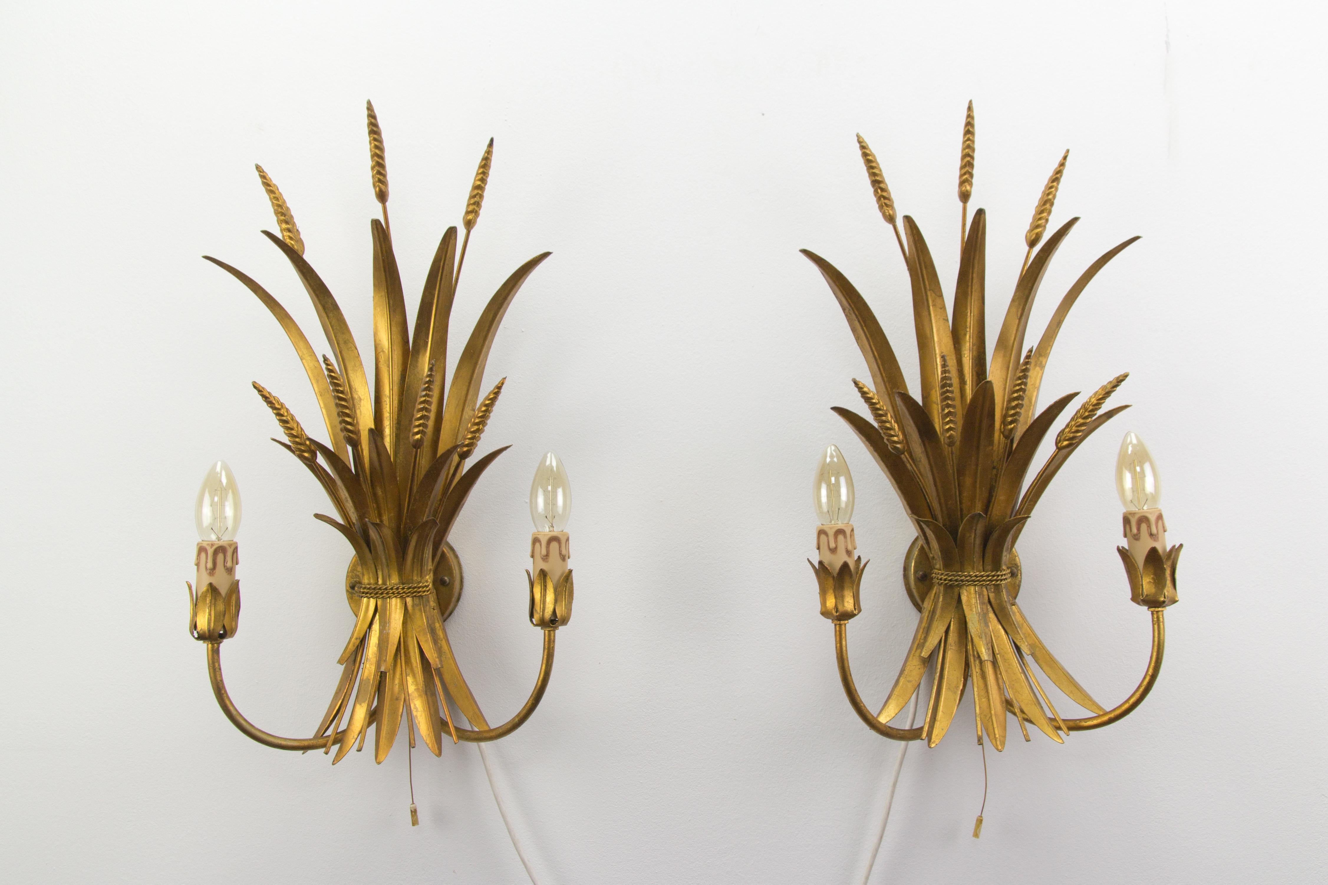 Pair of French Gilt Toleware Wheat Leaf Wall Sconces, 1950s 11
