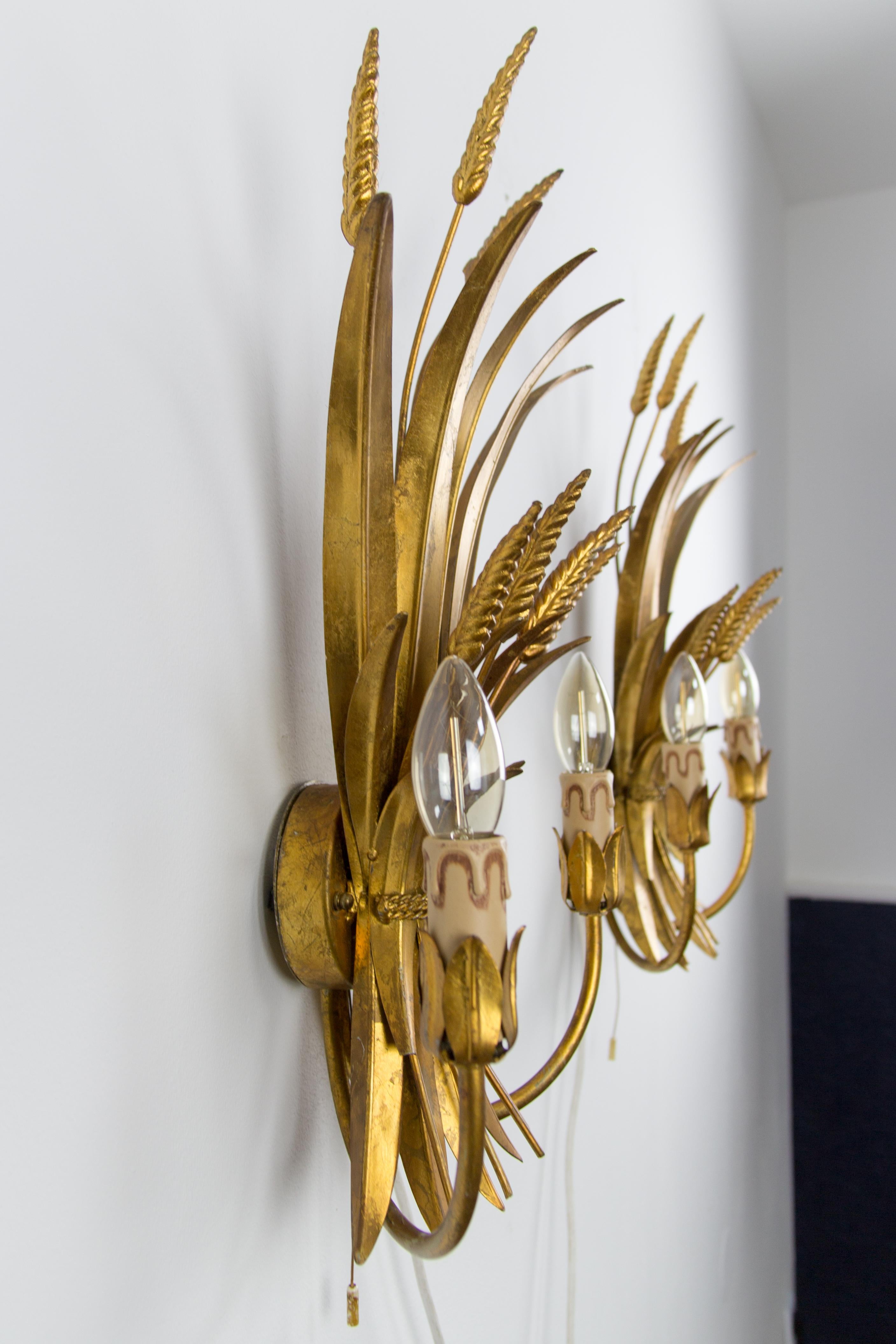 Sheet Metal Pair of French Gilt Toleware Wheat Leaf Wall Sconces, 1950s