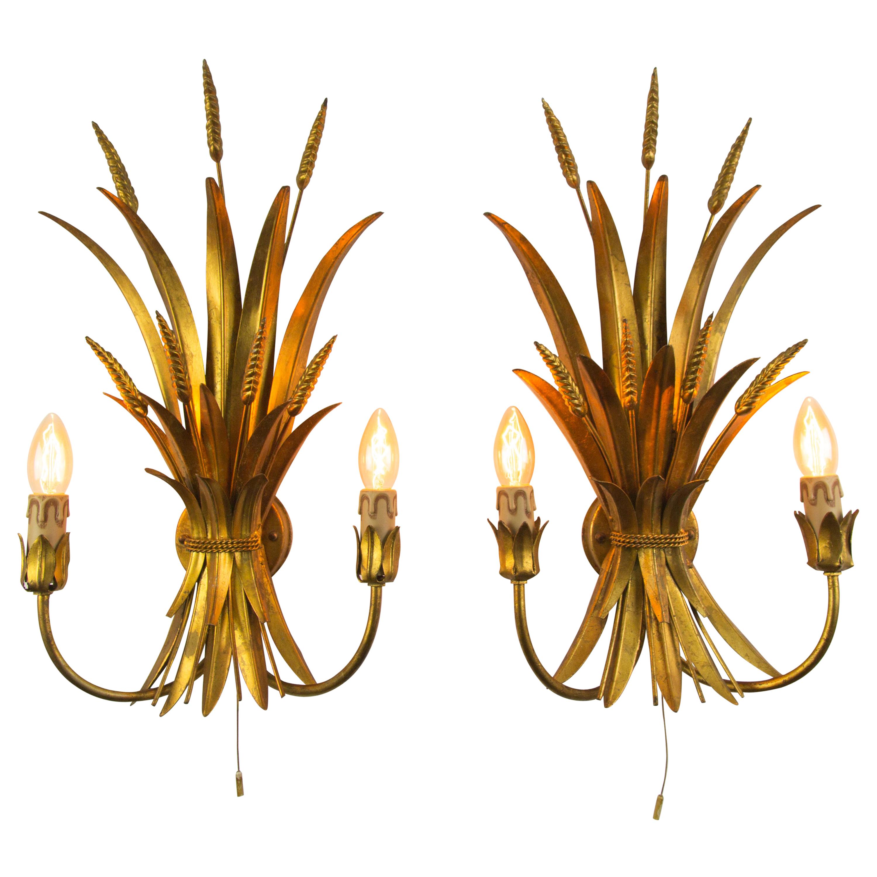 Pair of French Gilt Toleware Wheat Leaf Wall Sconces, 1950s