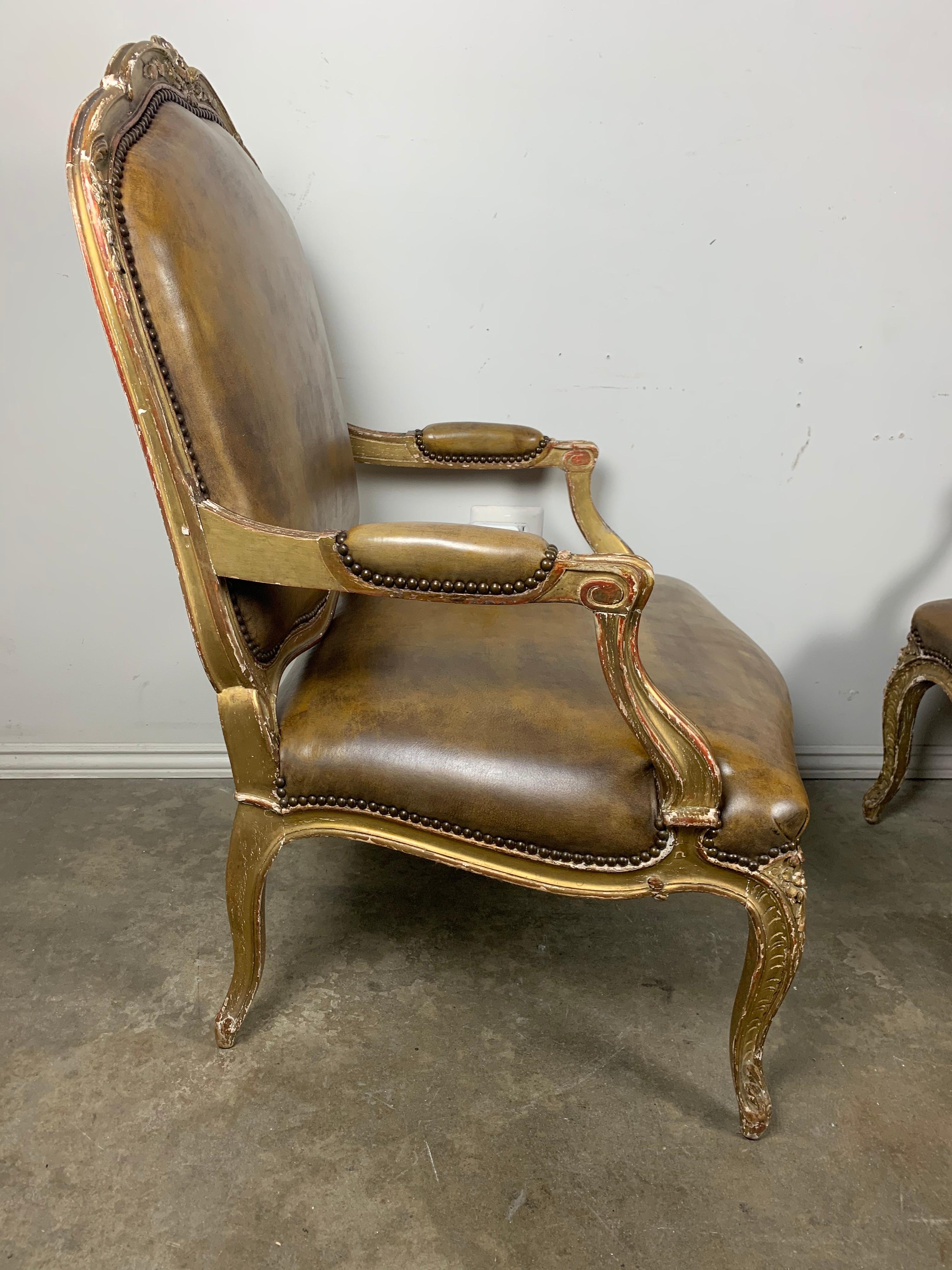 Pair of French Giltwood Armchairs with Leather Upholstery 5