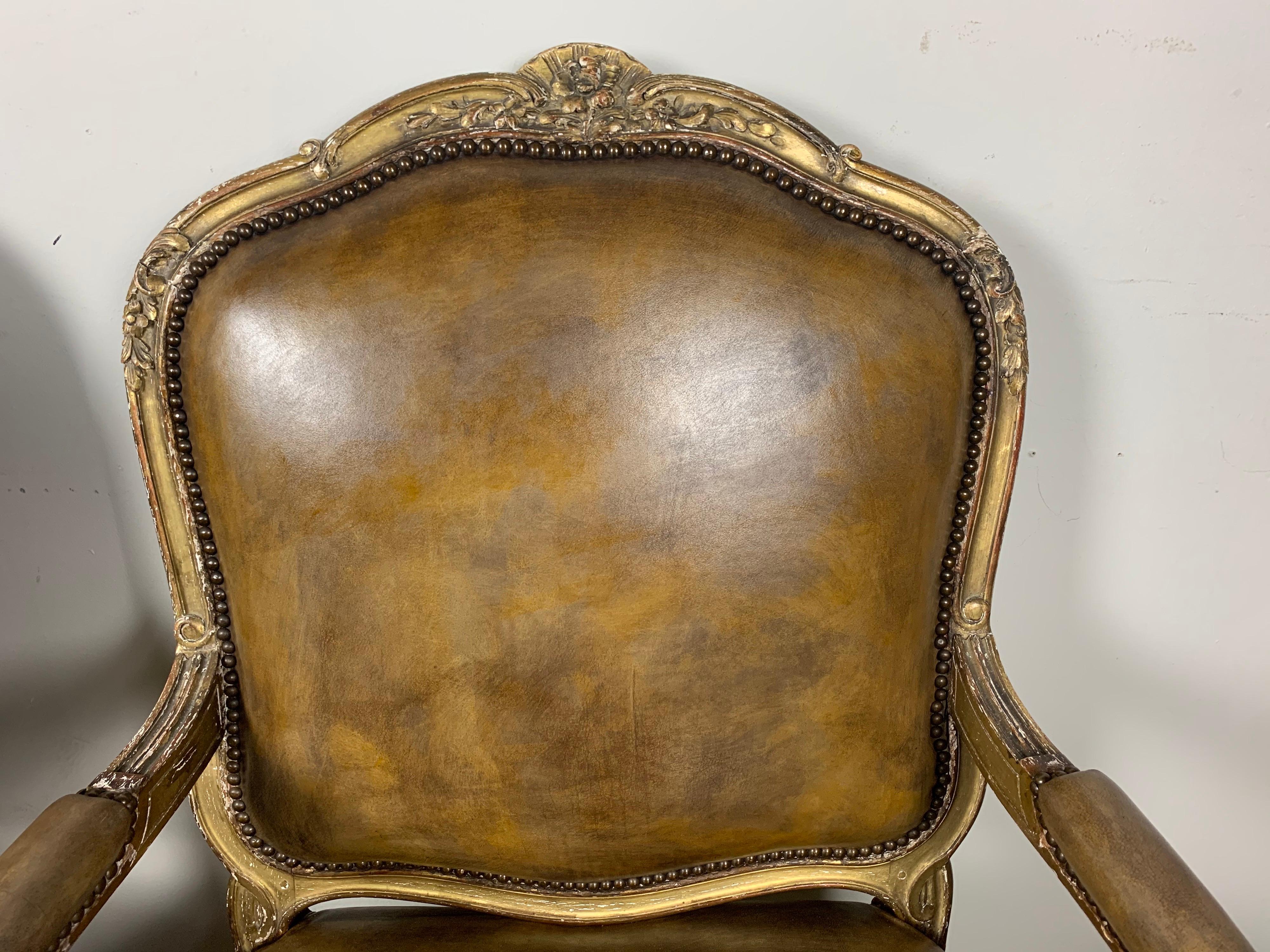 Louis XV Pair of French Giltwood Armchairs with Leather Upholstery