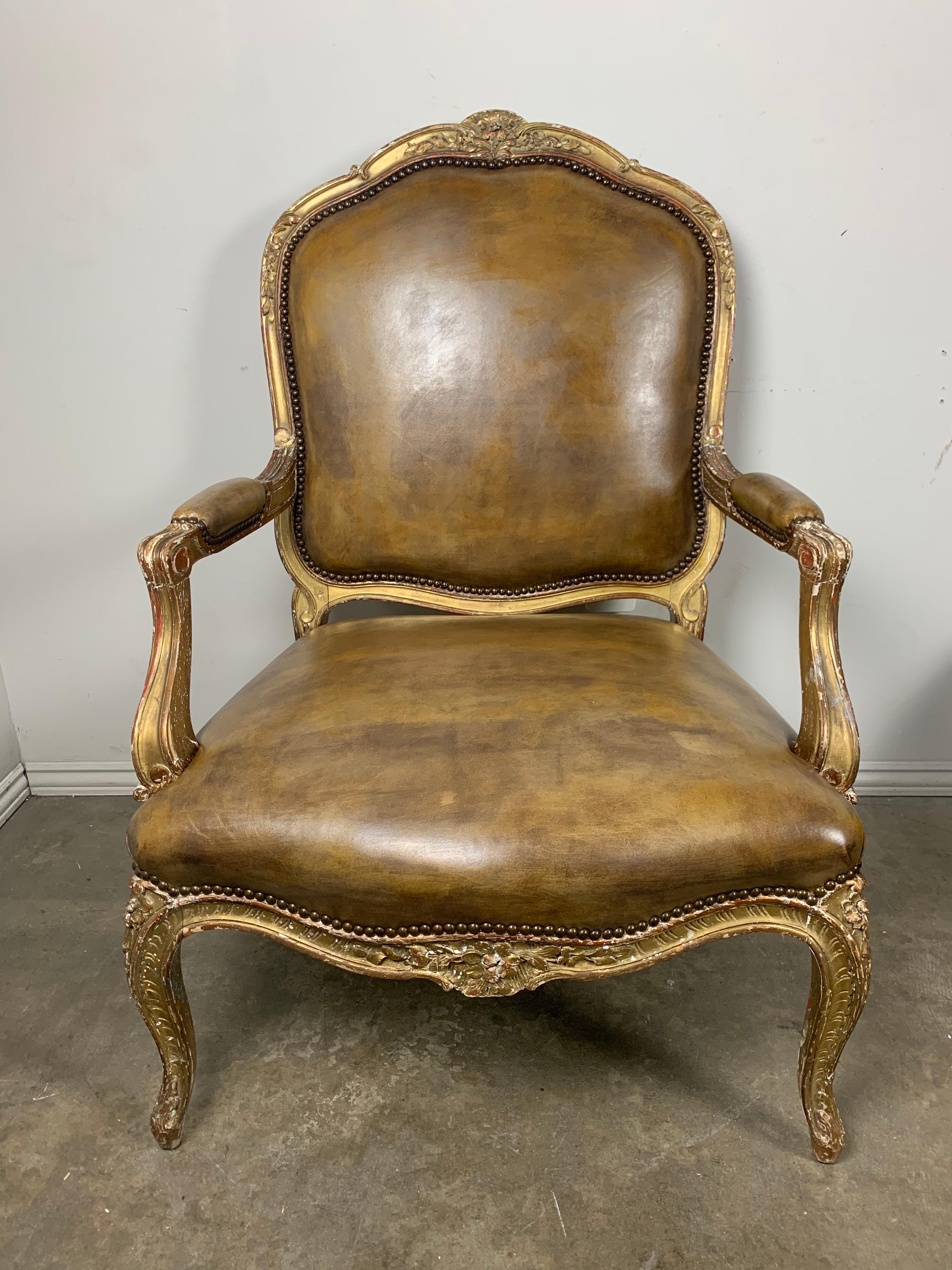 Pair of French Giltwood Armchairs with Leather Upholstery In Distressed Condition In Los Angeles, CA