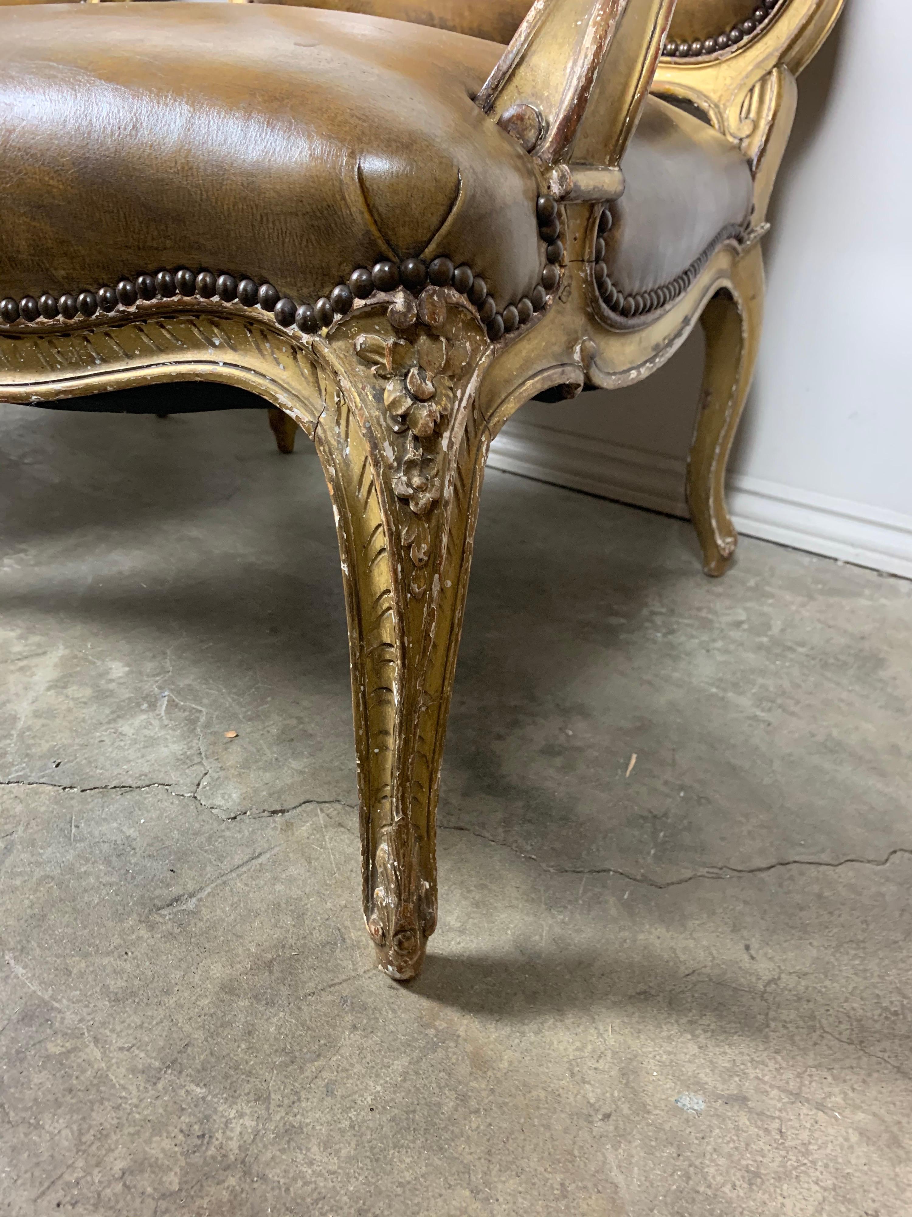 Pair of French Giltwood Armchairs with Leather Upholstery 2