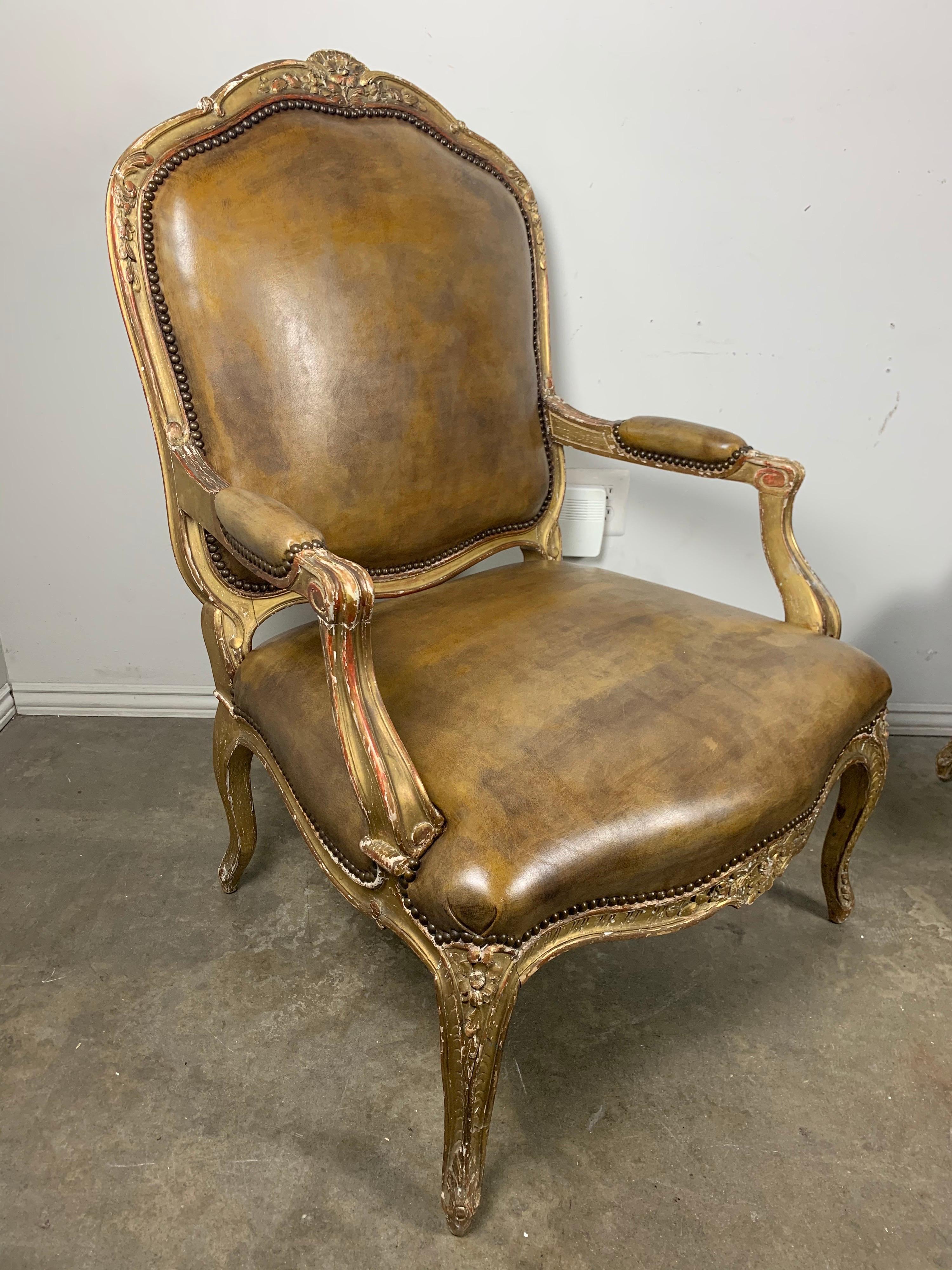 Pair of French Giltwood Armchairs with Leather Upholstery 3