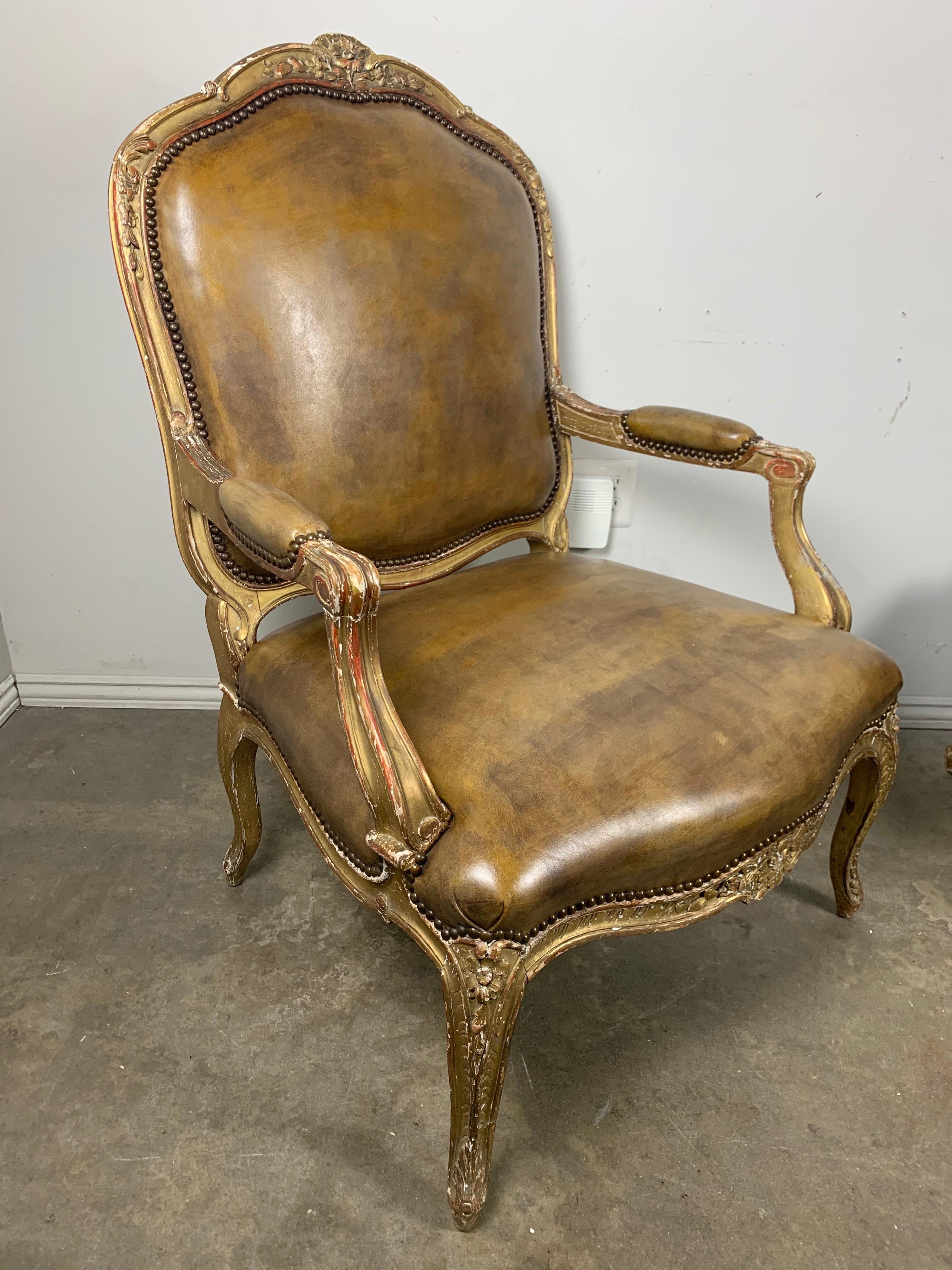 Pair of French Giltwood Armchairs with Leather Upholstery 4
