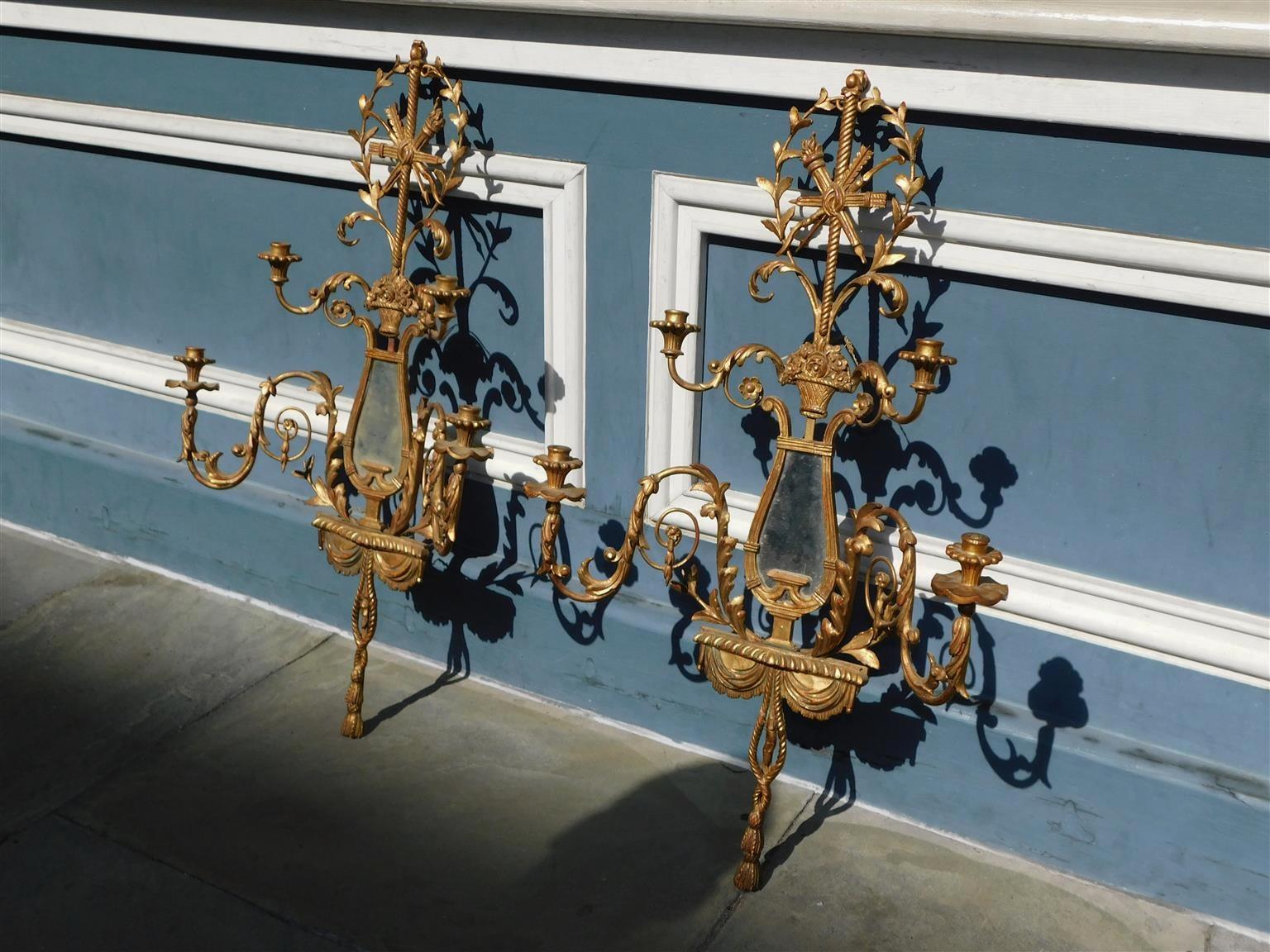 Louis Philippe Pair of French Gilt Wood & Gesso Four Arm Foliage & Mirror Wall Sconces, C. 1820 For Sale