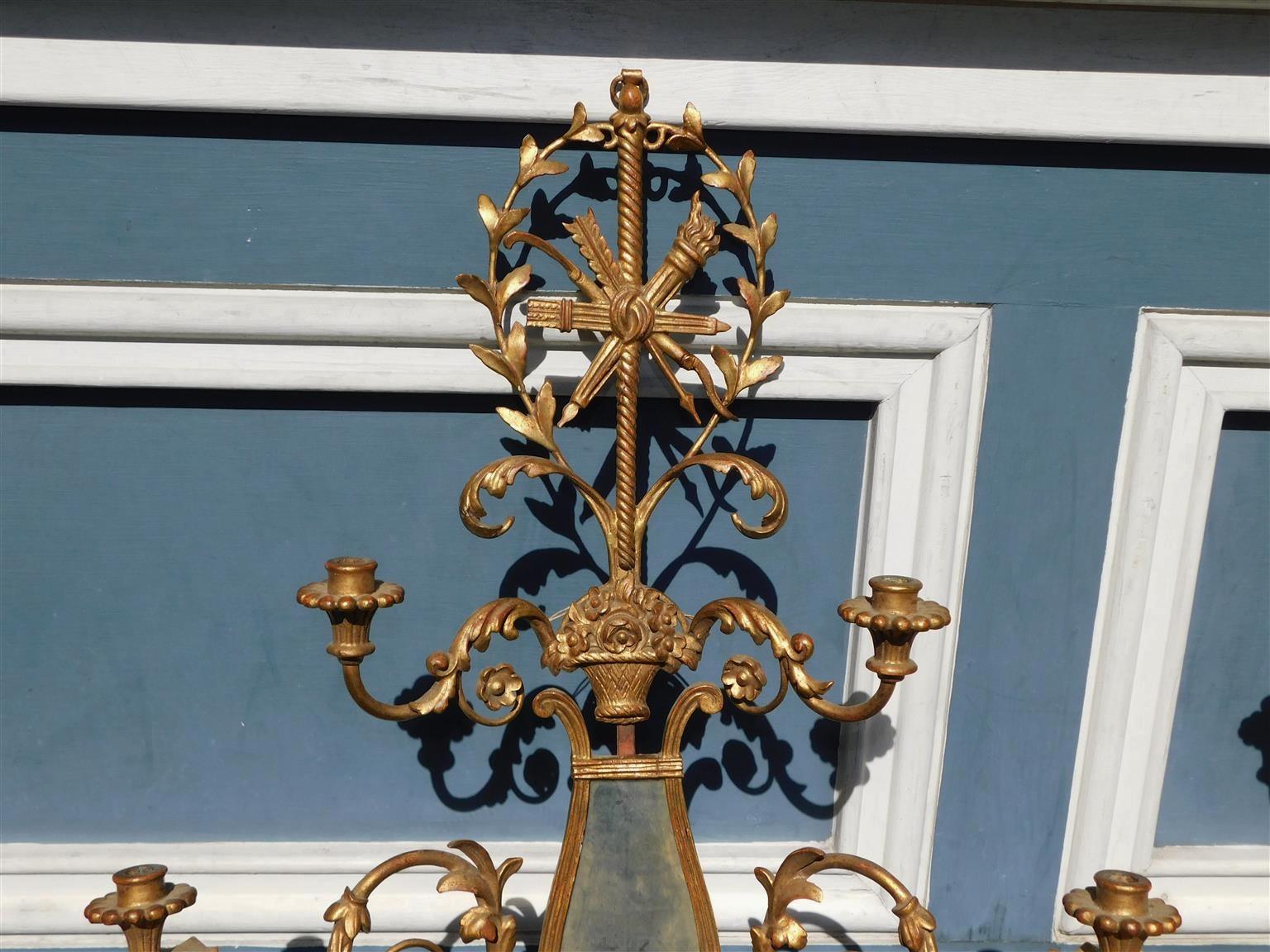 Silvered Pair of French Gilt Wood & Gesso Four Arm Foliage & Mirror Wall Sconces, C. 1820 For Sale