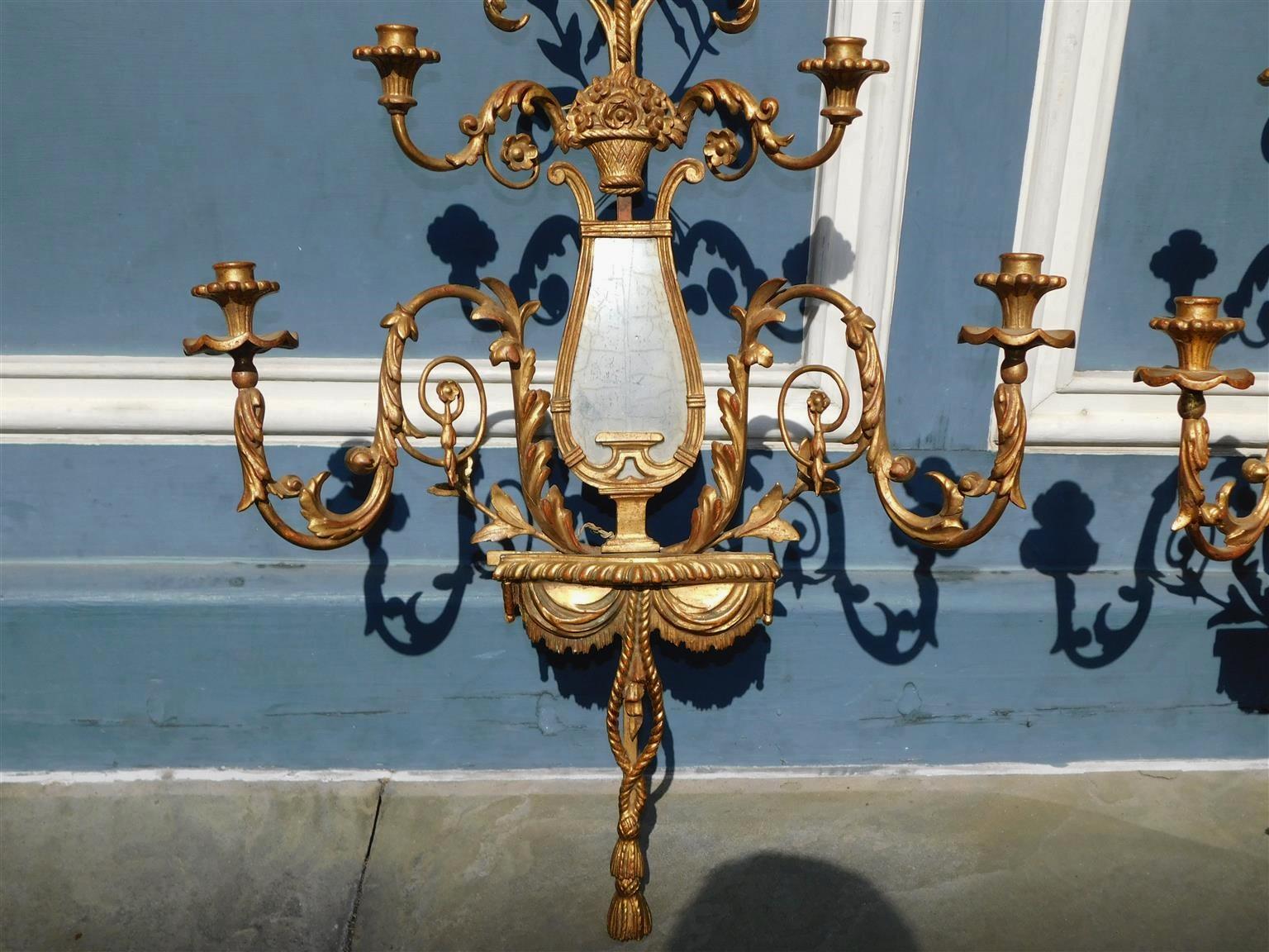 Pair of French Gilt Wood & Gesso Four Arm Foliage & Mirror Wall Sconces, C. 1820 In Excellent Condition For Sale In Hollywood, SC