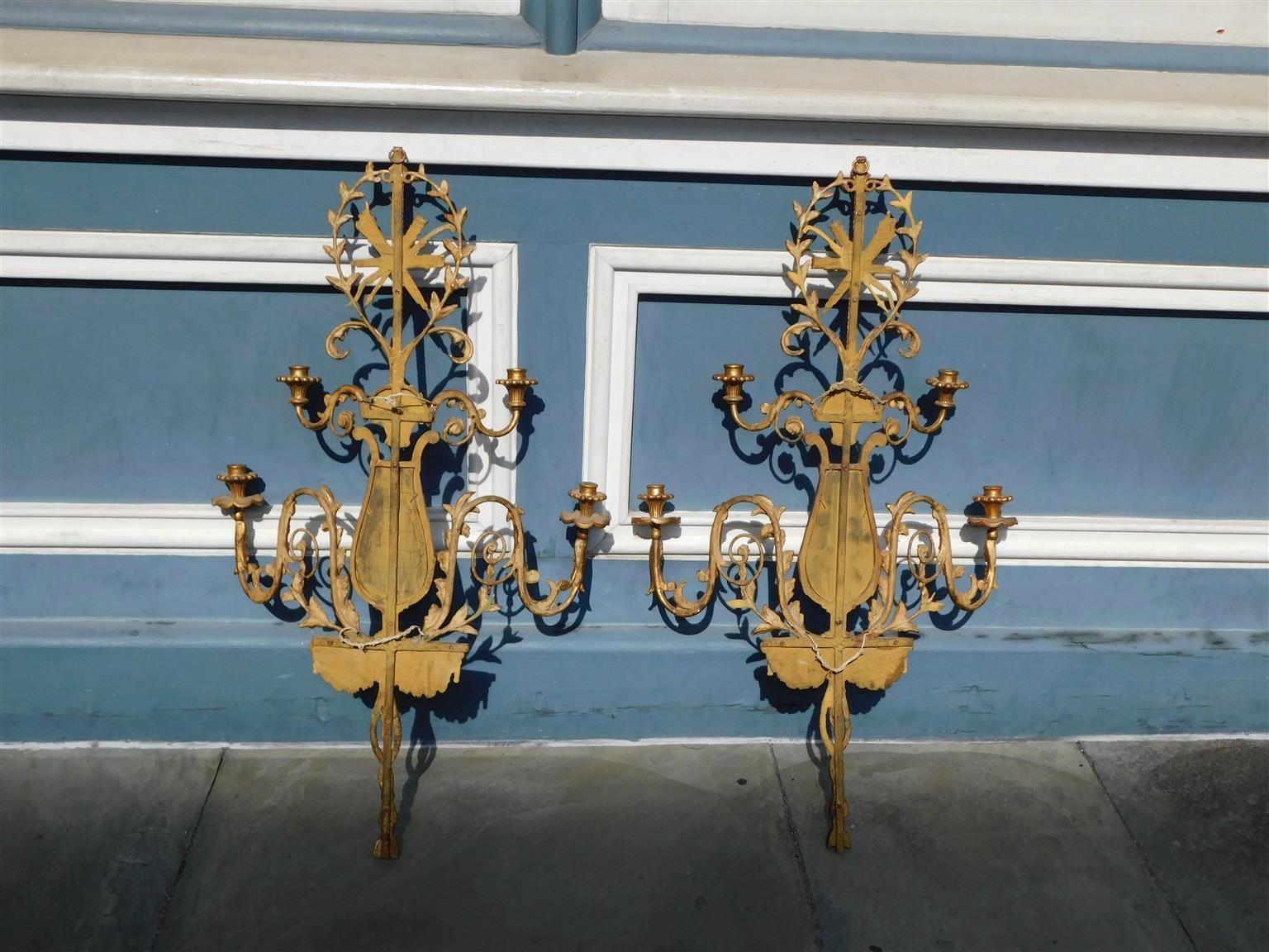 Pair of French Gilt Wood & Gesso Four Arm Foliage & Mirror Wall Sconces, C. 1820 For Sale 2