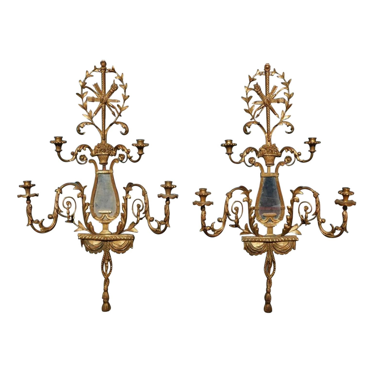 Pair of French Gilt Wood & Gesso Four Arm Foliage & Mirror Wall Sconces, C. 1820 For Sale