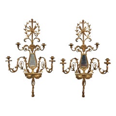 Pair of French Gilt Wood & Gesso Four Arm Foliage & Mirror Wall Sconces, C. 1820