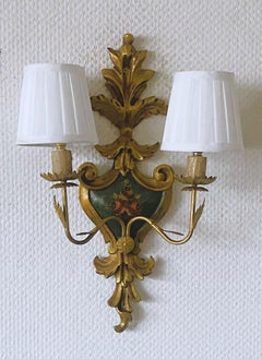 Pair of French Gilt Wrought Iron Carved Wood Two-Arm Electrified Wall Sconces