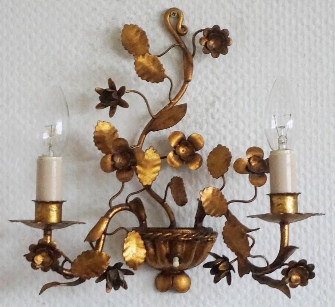 French Provincial Pair of French Gilt Wrought Iron Two-Arm Electrified Wall Sconces, 1880-1890