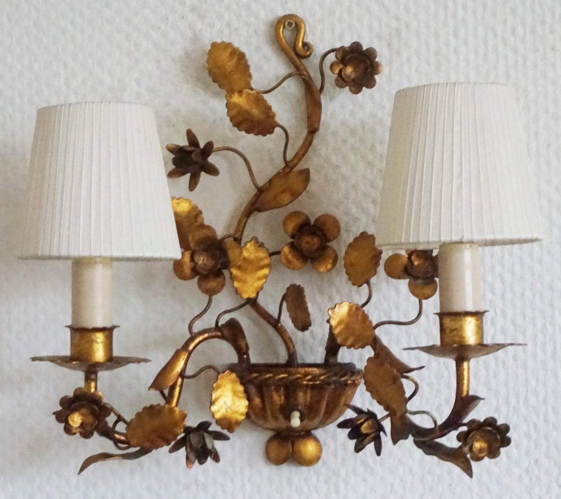 Pair of French Gilt Wrought Iron Two-Arm Electrified Wall Sconces, 1880-1890 In Good Condition In Frankfurt am Main, DE