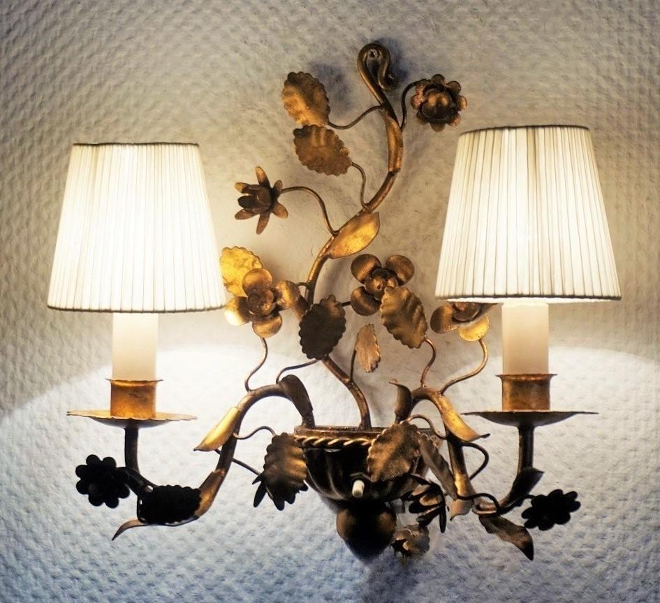 19th Century Pair of French Gilt Wrought Iron Two-Arm Electrified Wall Sconces, 1880-1890