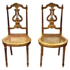 Antique Pair of French Giltwood and Cane Lyre Back Chairs, Second Empire Period