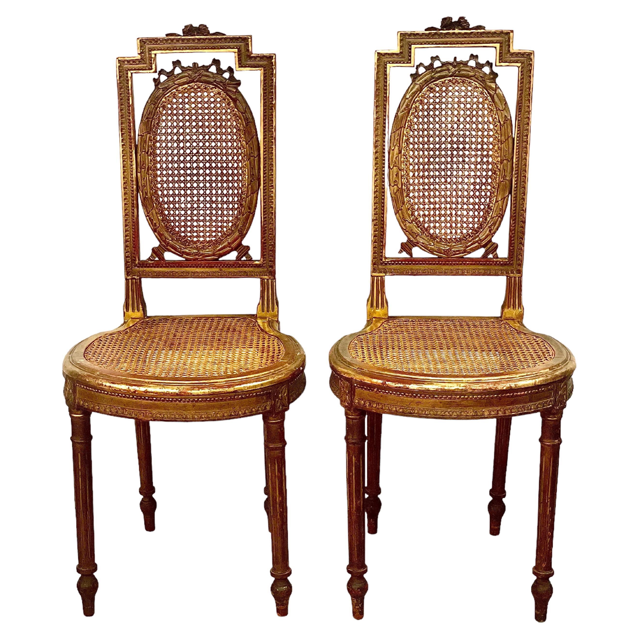 Pair of French Giltwood and Cane Side Chairs, 19th Century