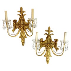 Pair of French Giltwood and Crystal Wall Sconces