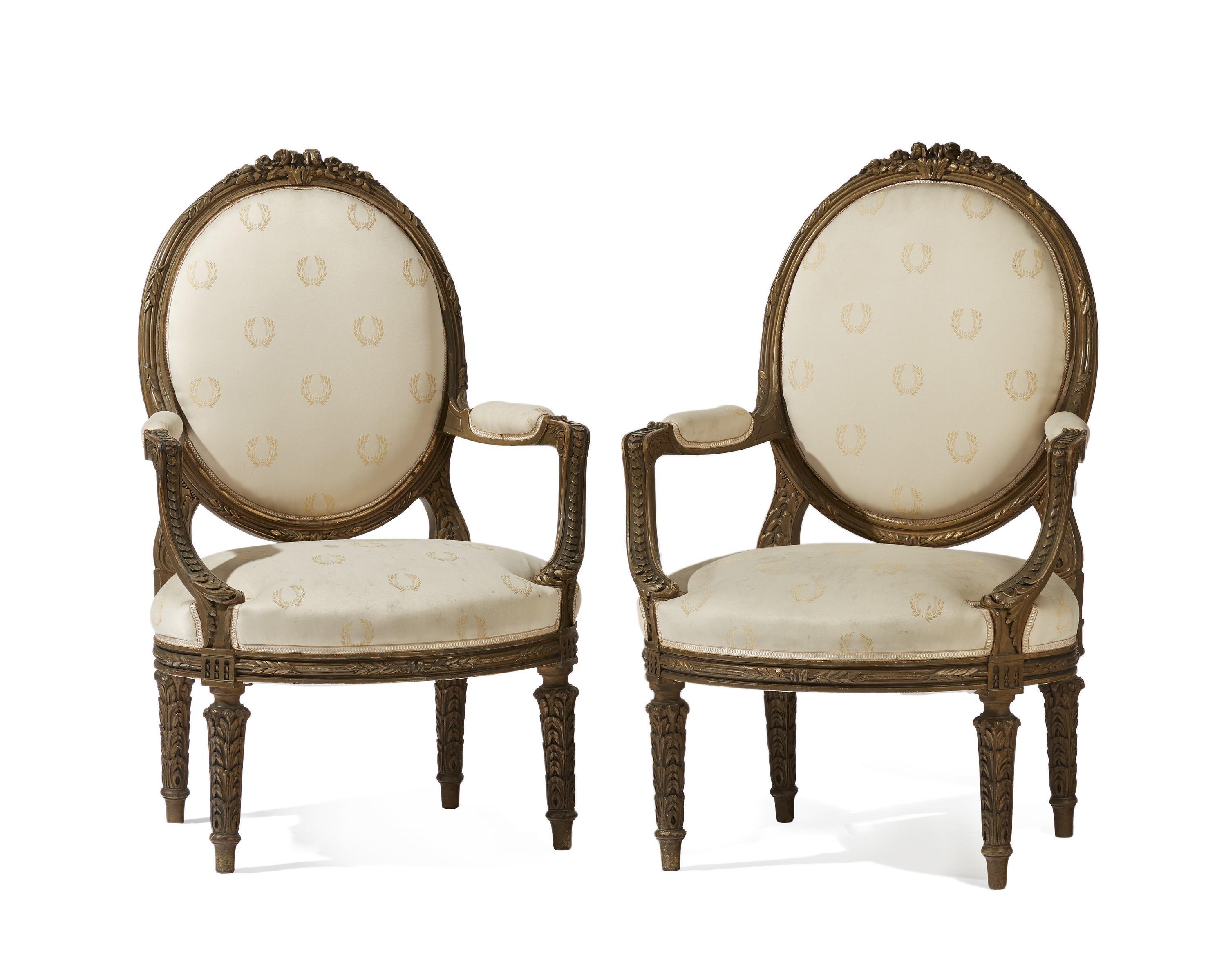 Louis XVI Pair of French Giltwood Armchairs, 19th Century