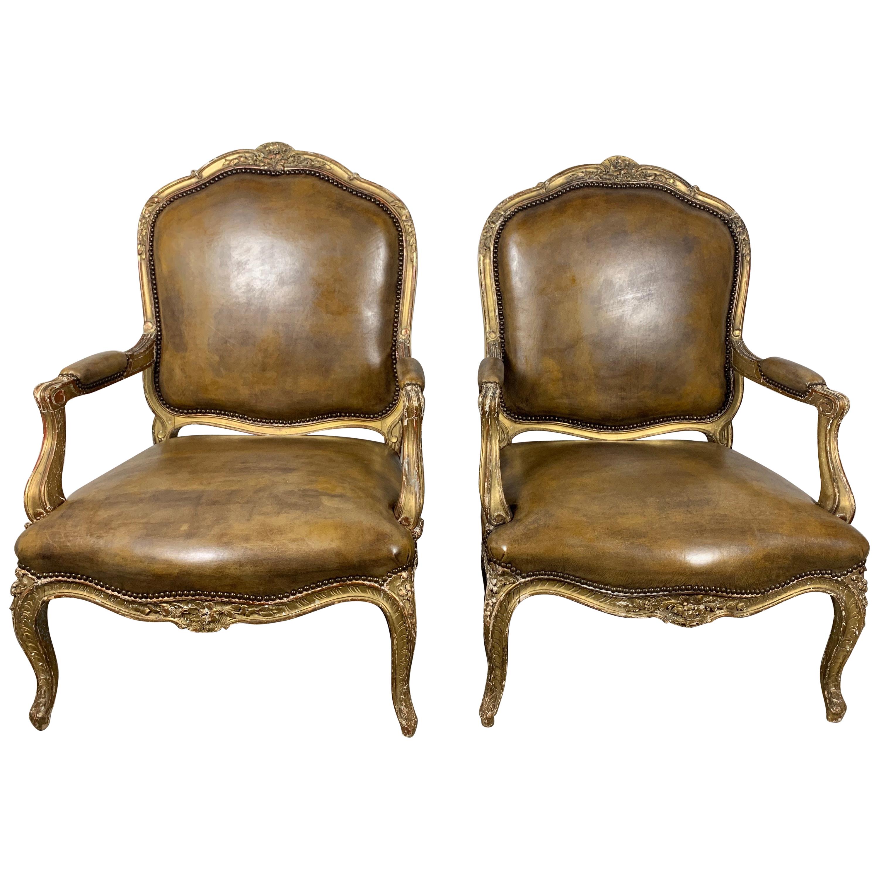 Pair of French Giltwood Armchairs with Leather Upholstery
