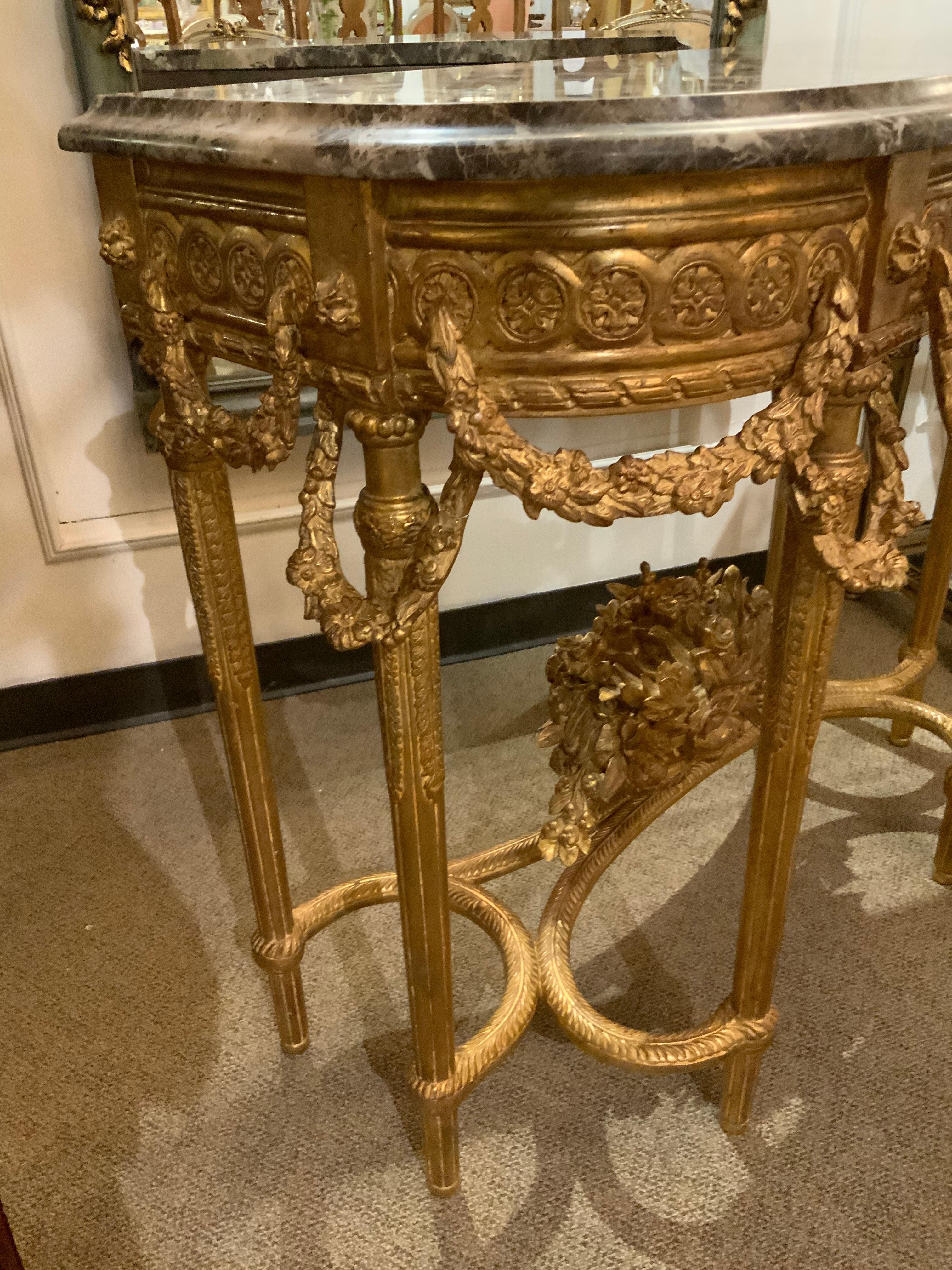 Hand-Carved Pair of French Giltwood Consoles with Marble Tops For Sale