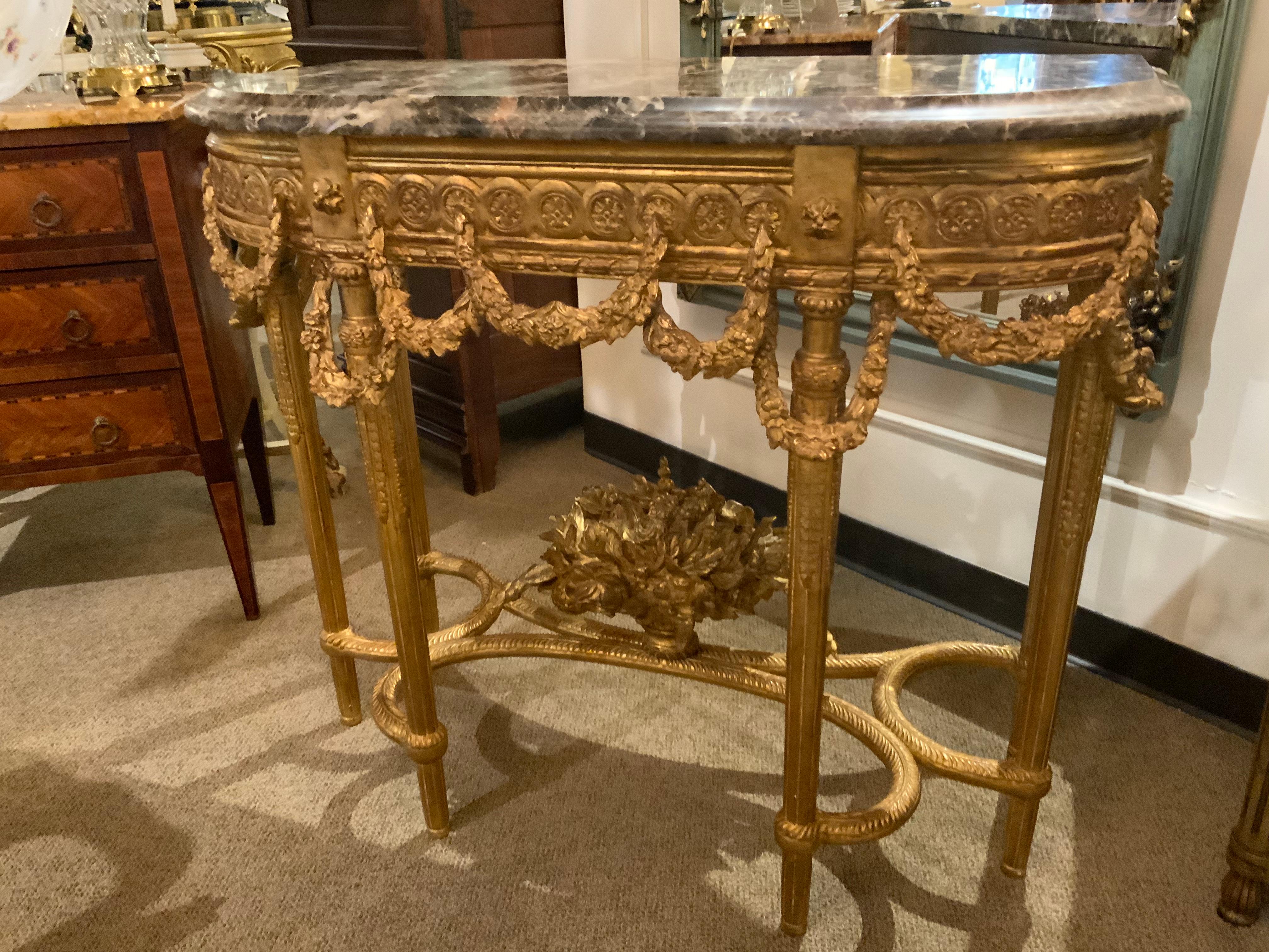 20th Century Pair of French Giltwood Consoles with Marble Tops