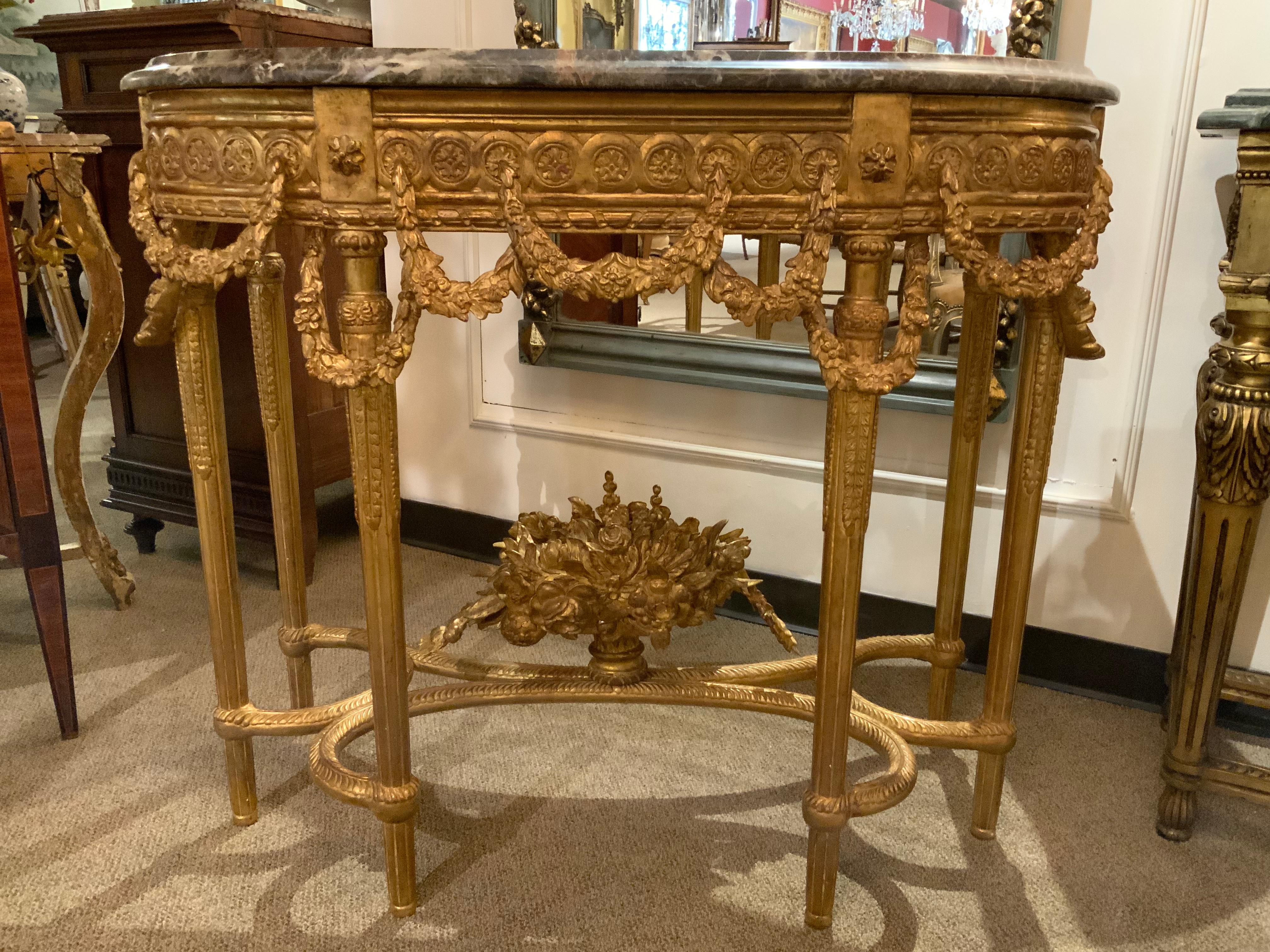 Pair of French Giltwood Consoles with Marble Tops 2