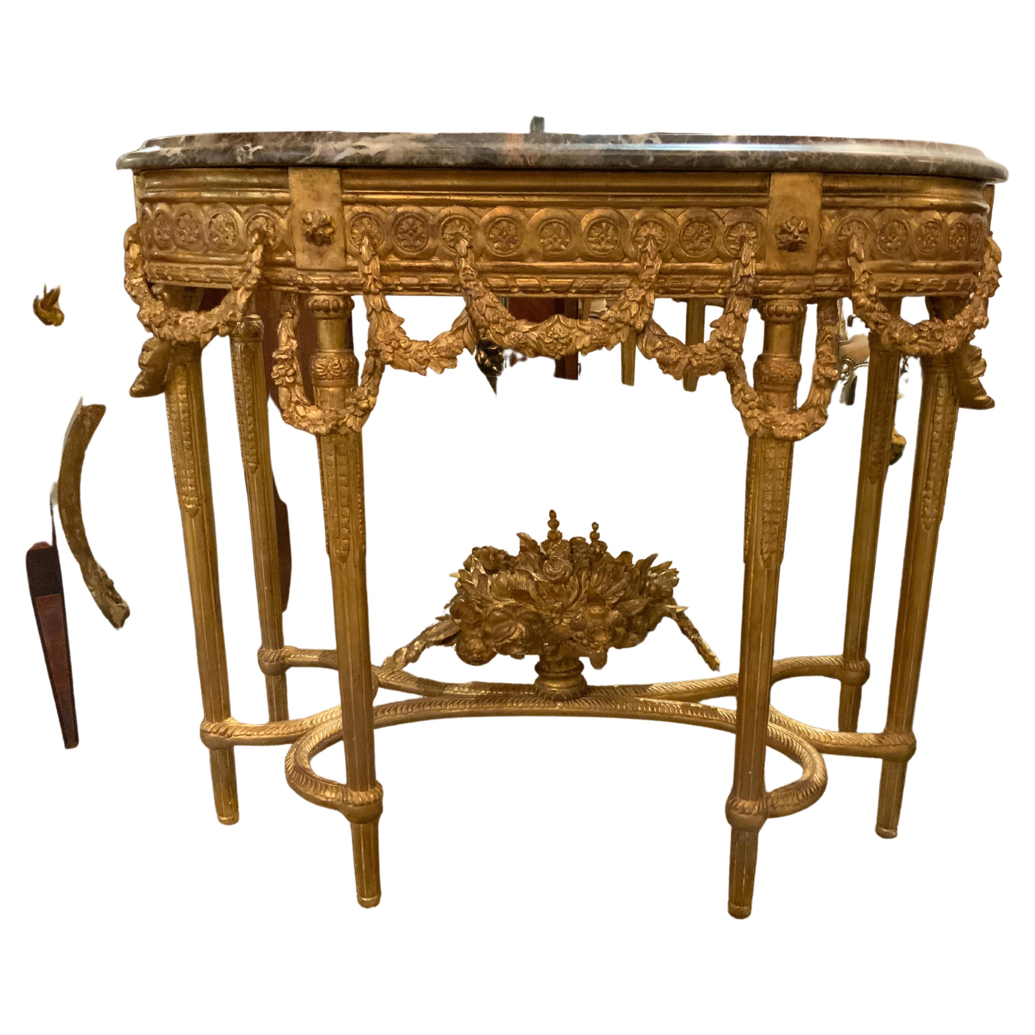 Pair of French Giltwood Consoles with Marble Tops For Sale