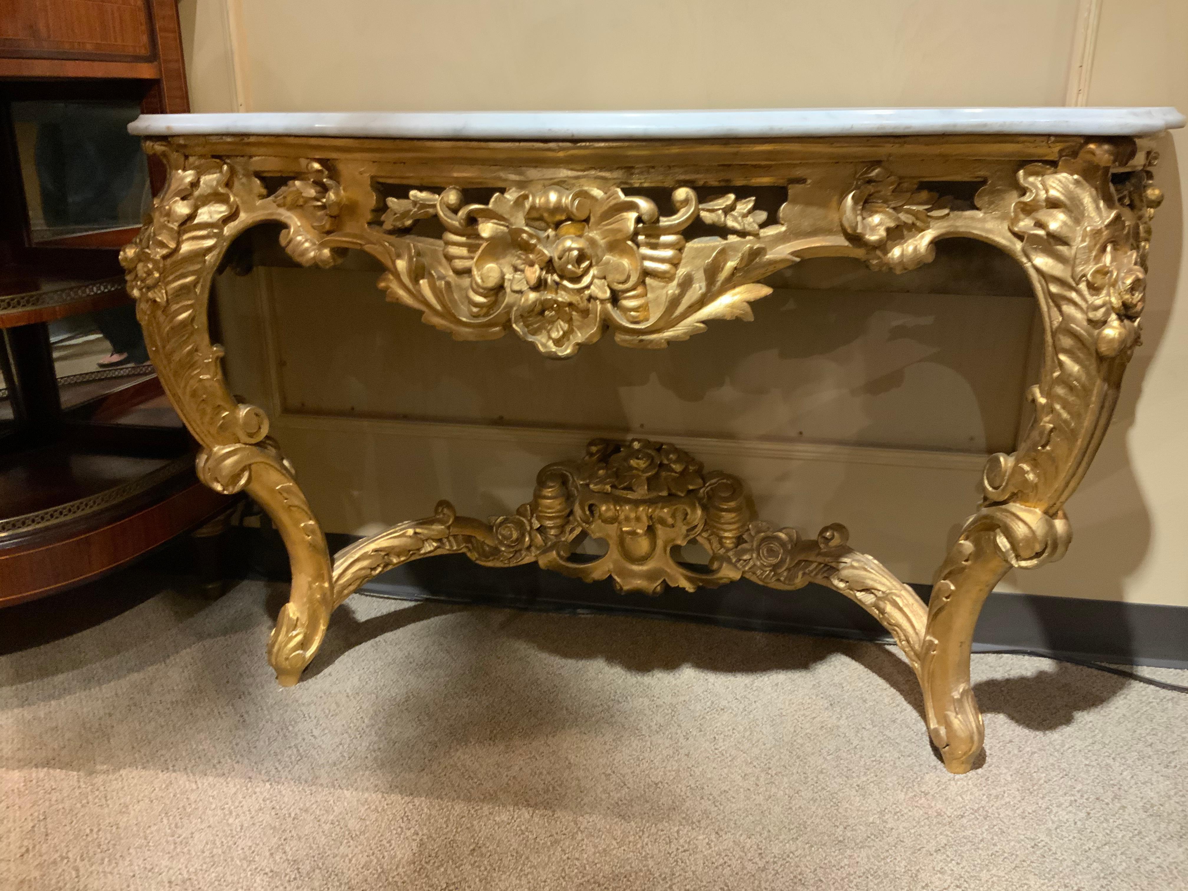 Pair of French Giltwood consoles with white marble tops For Sale 4