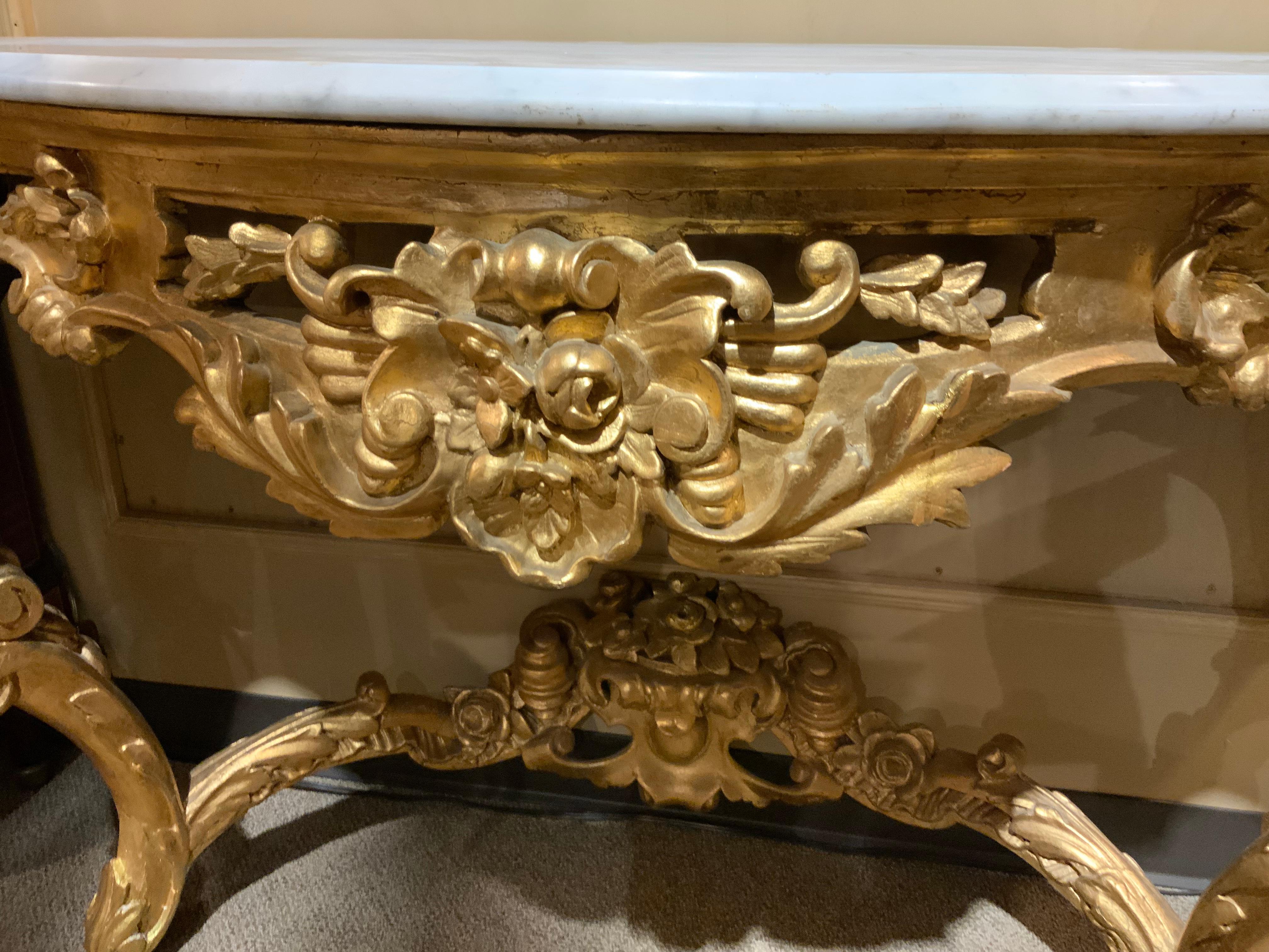 Pair of French Giltwood consoles with white marble tops For Sale 3