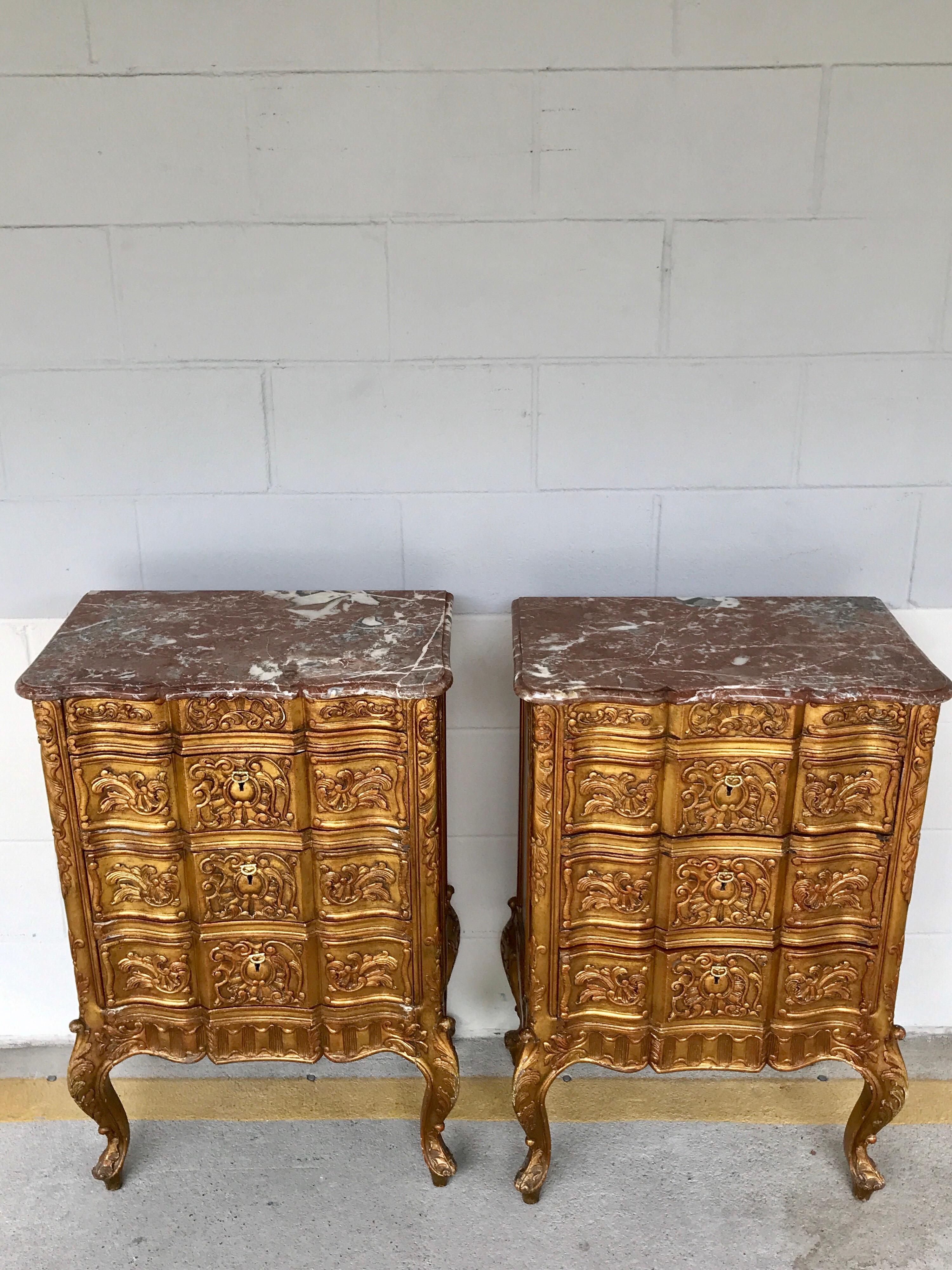 Louis XV Pair of French Giltwood Diminutive Marble-Top Commodes For Sale