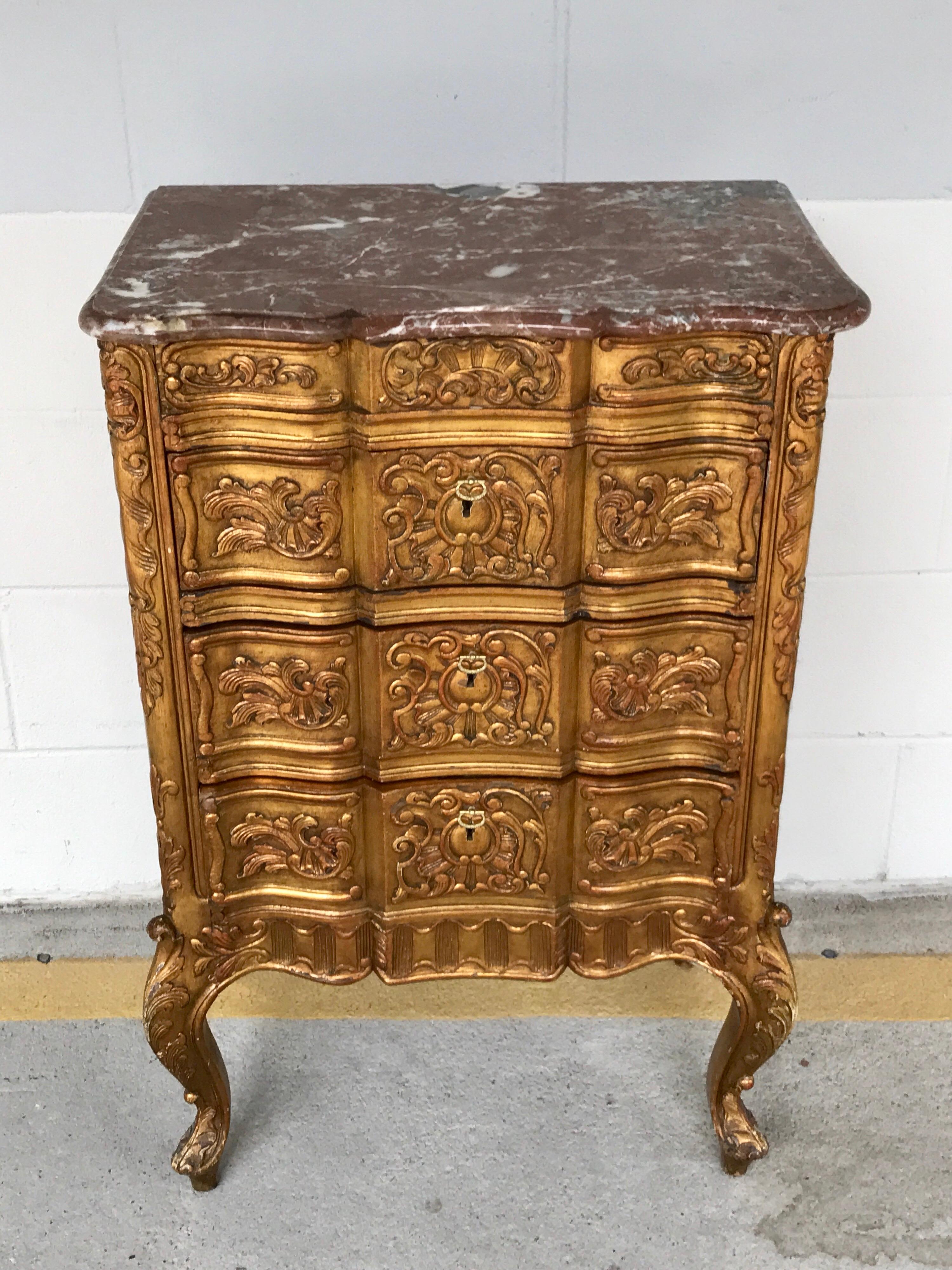 20th Century Pair of French Giltwood Diminutive Marble-Top Commodes For Sale
