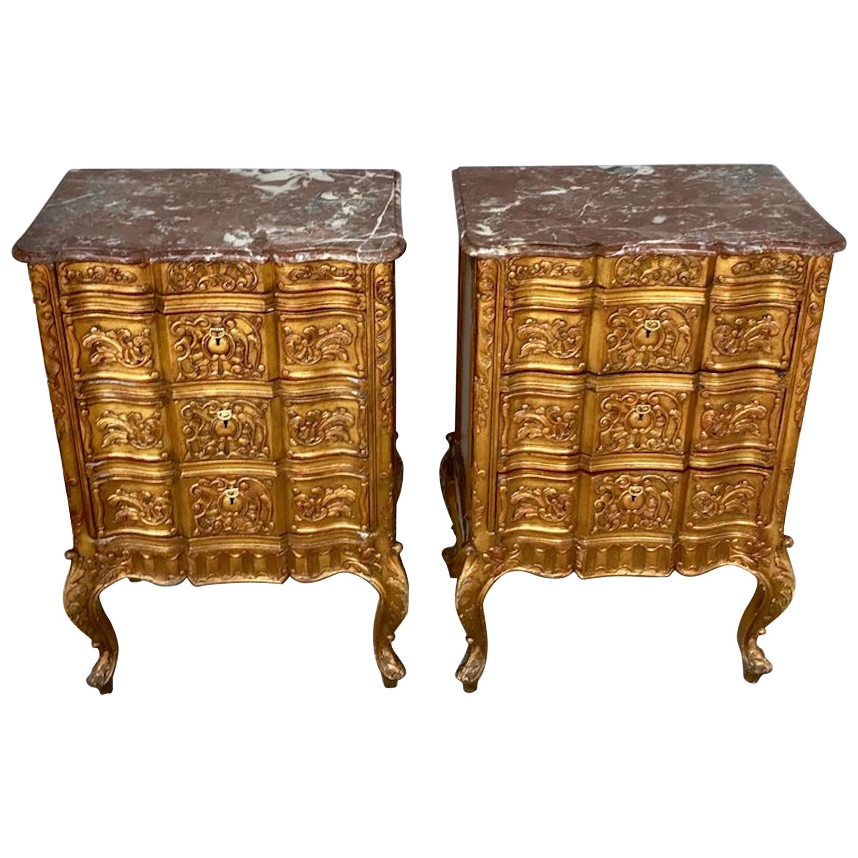 Pair of French Giltwood Diminutive Marble-Top Commodes For Sale